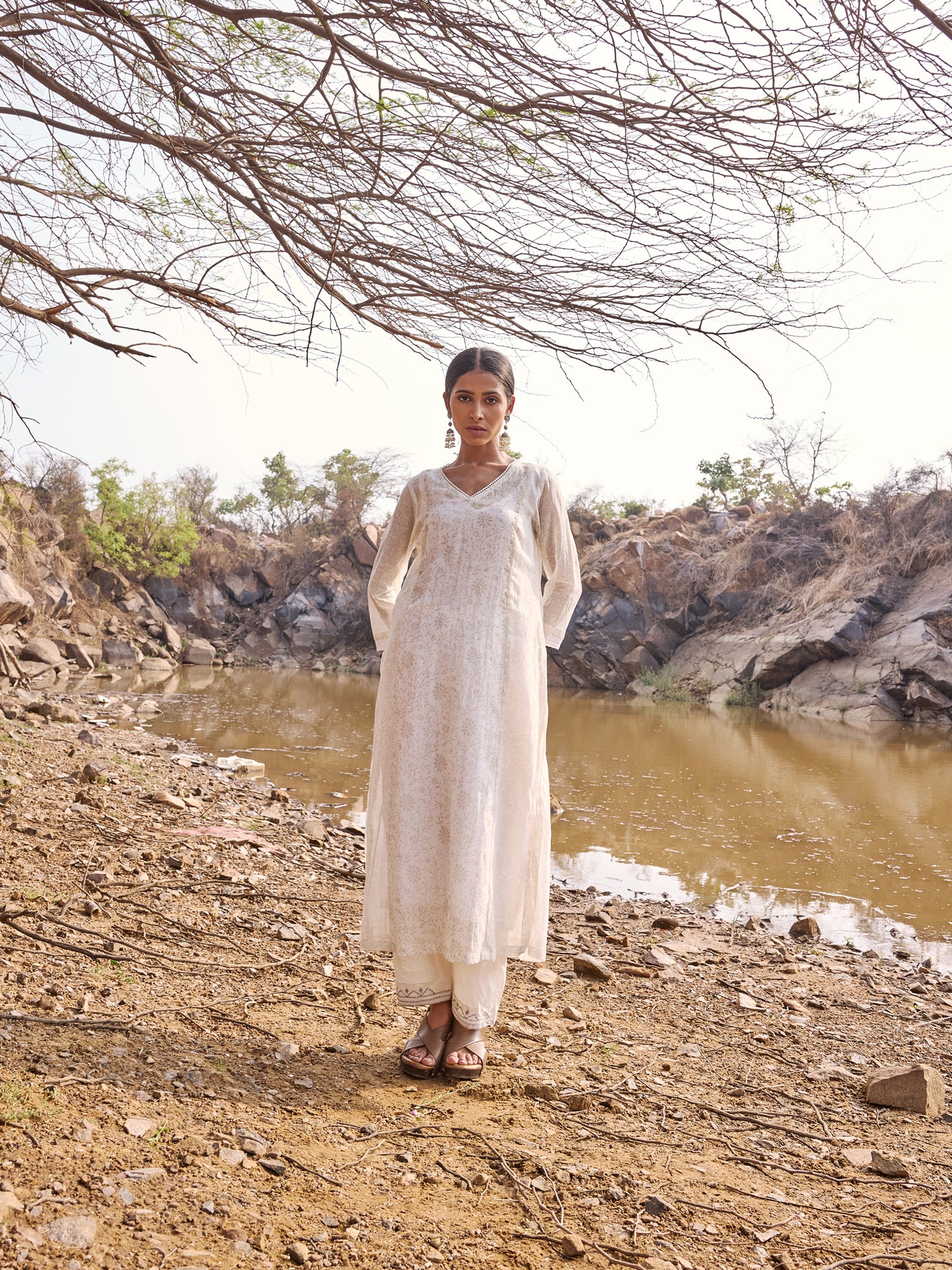 Off White and Grey printed mul Chanderi Beadwork Kurta