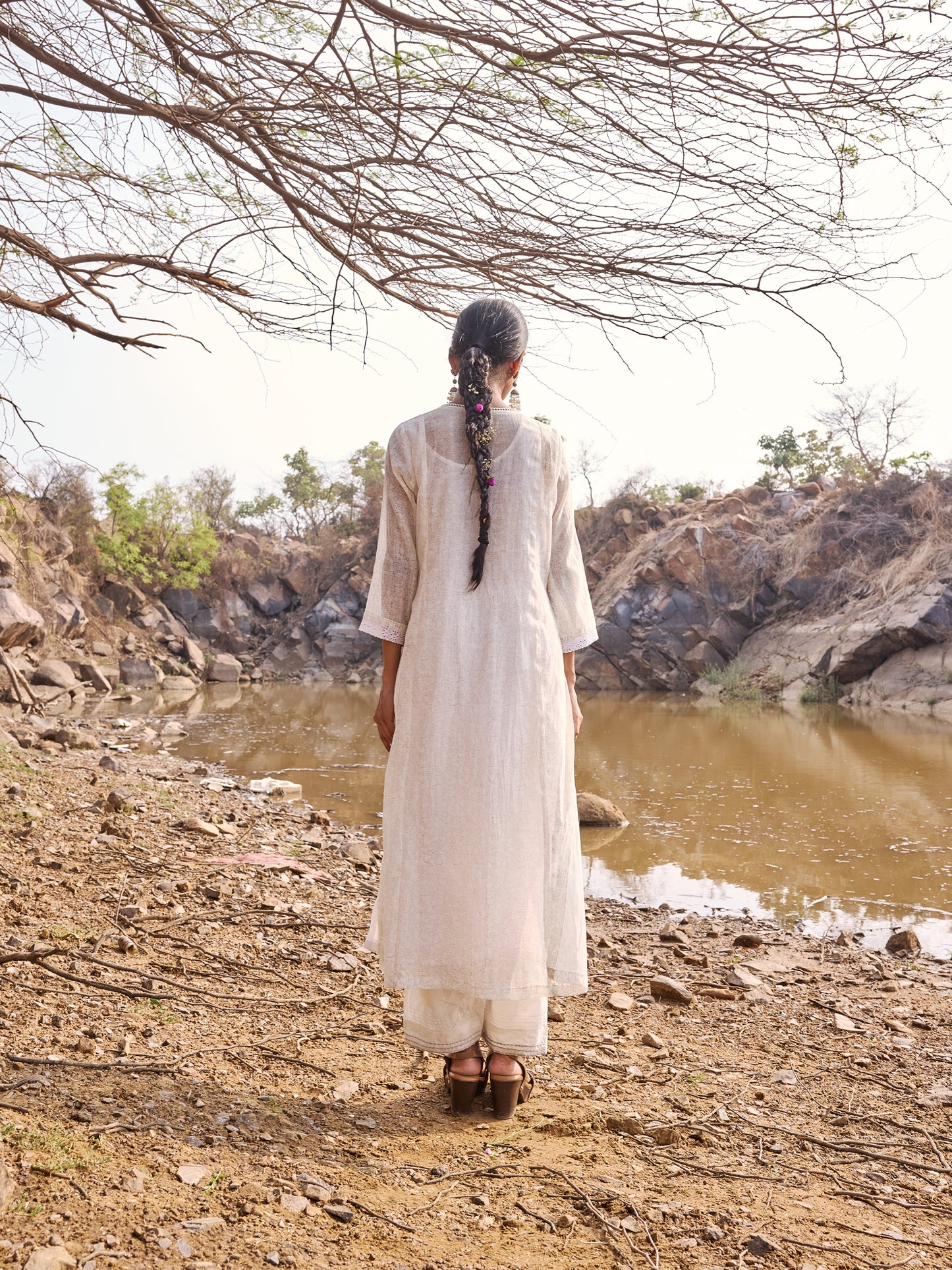 Off White and Grey printed mul Chanderi Beadwork Kurta