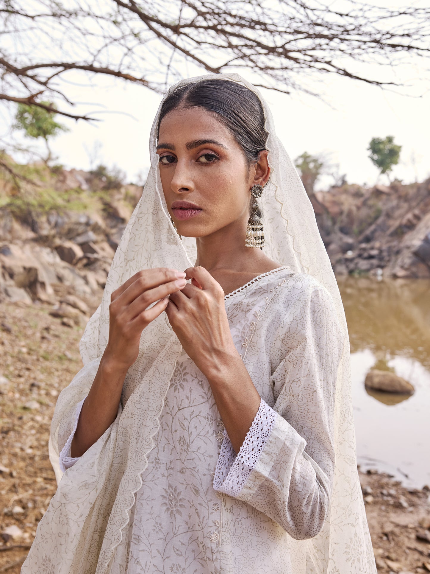 Off White and Grey printed mul Chanderi Beadwork Kurta