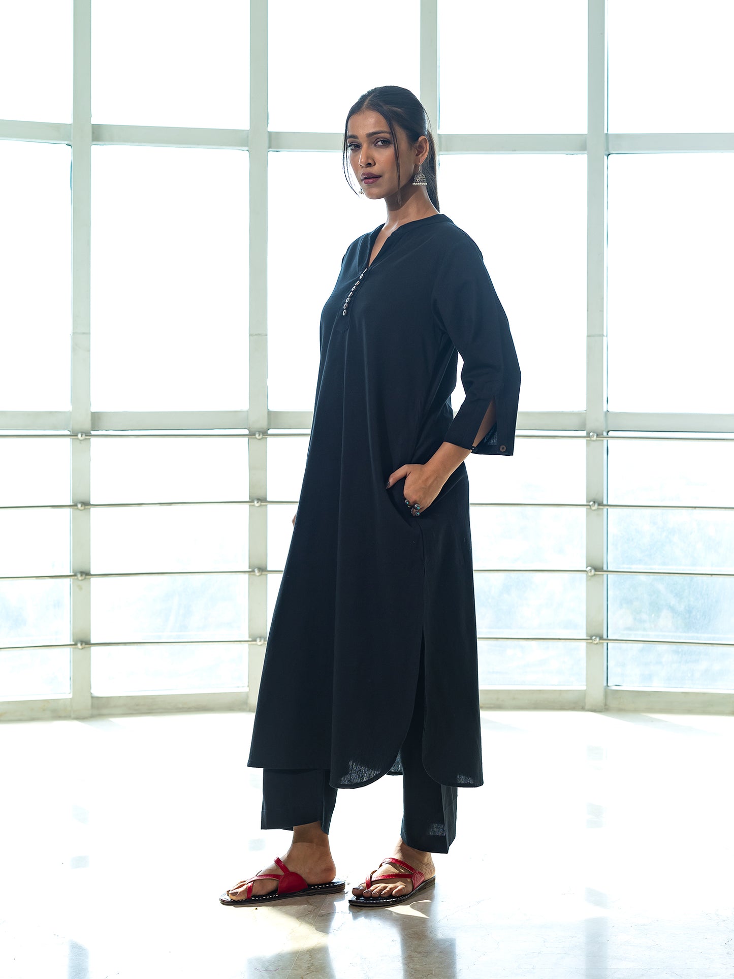 Black cotton linen a line kurta co-ord set