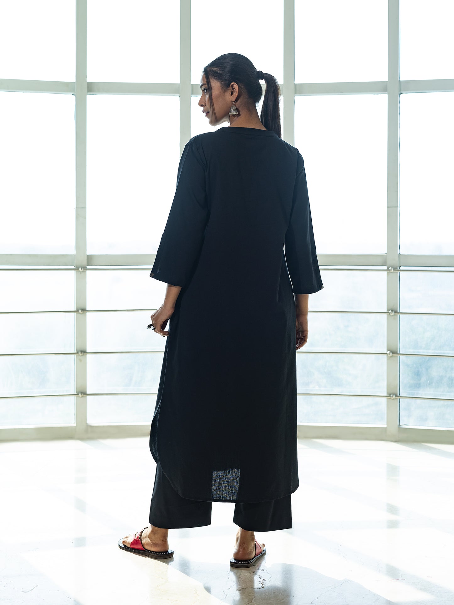 Black cotton linen a line kurta co-ord set