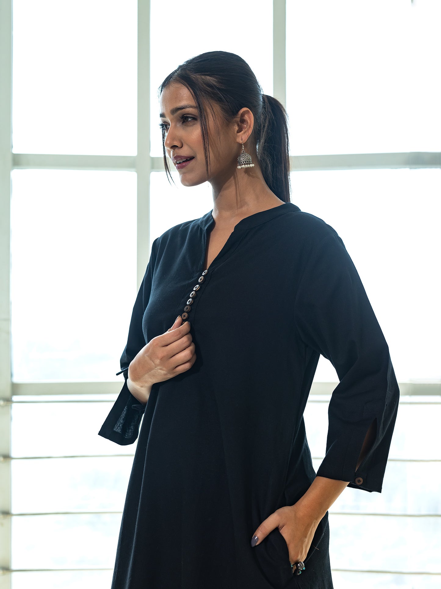 Black cotton linen a line kurta co-ord set