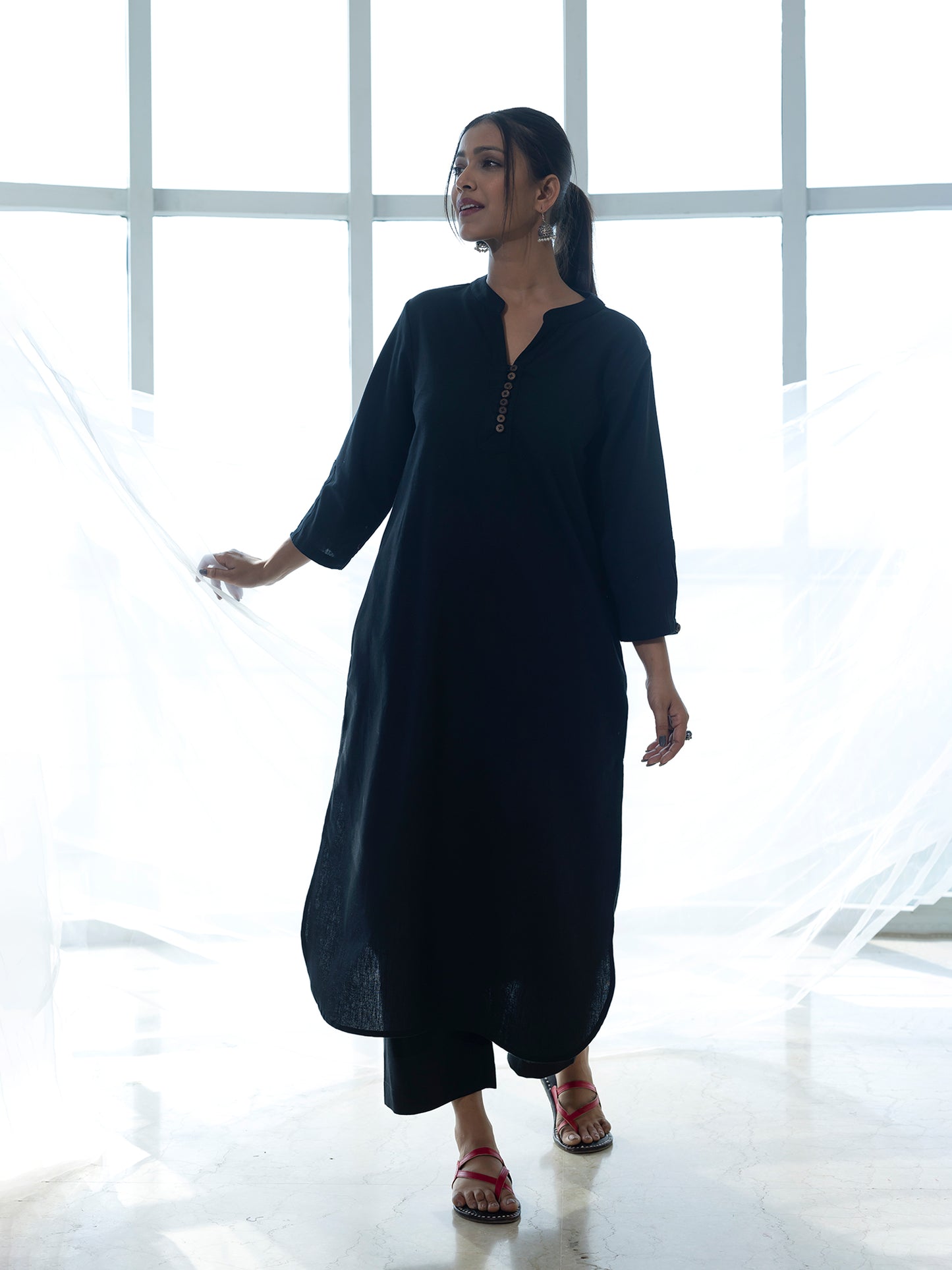 Black cotton linen a line kurta co-ord set
