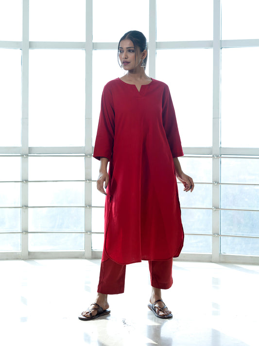 Red cotton linen a line kurta co-ord set