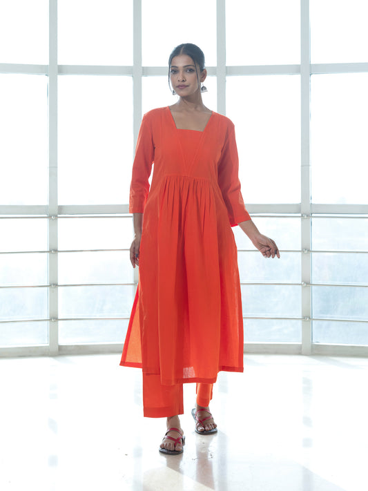 Orange cotton linen a line kurta co-ord set