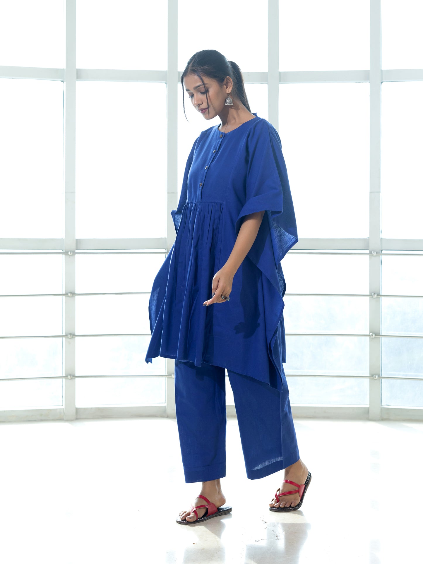 Royal blue cotton linen a line kaftan co-ord set