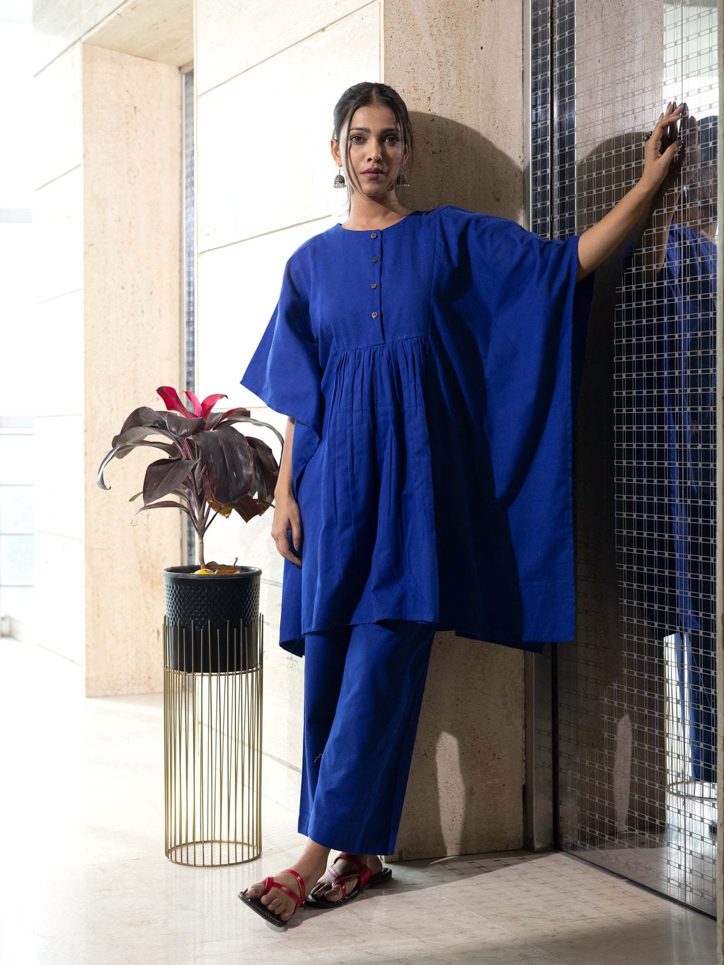 Royal blue cotton linen a line kaftan co-ord set