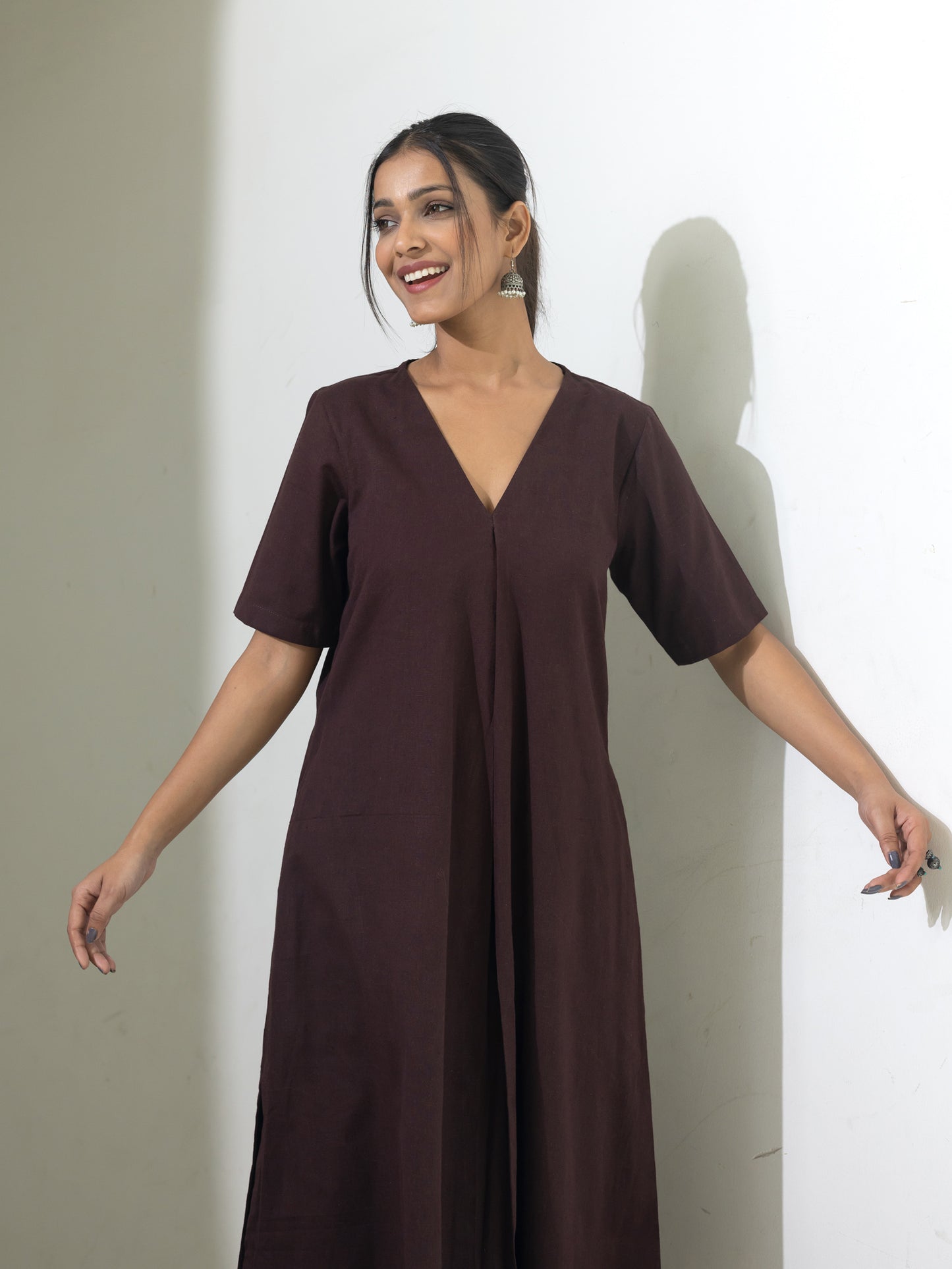 Brown cotton linen a line kurta co-ord set