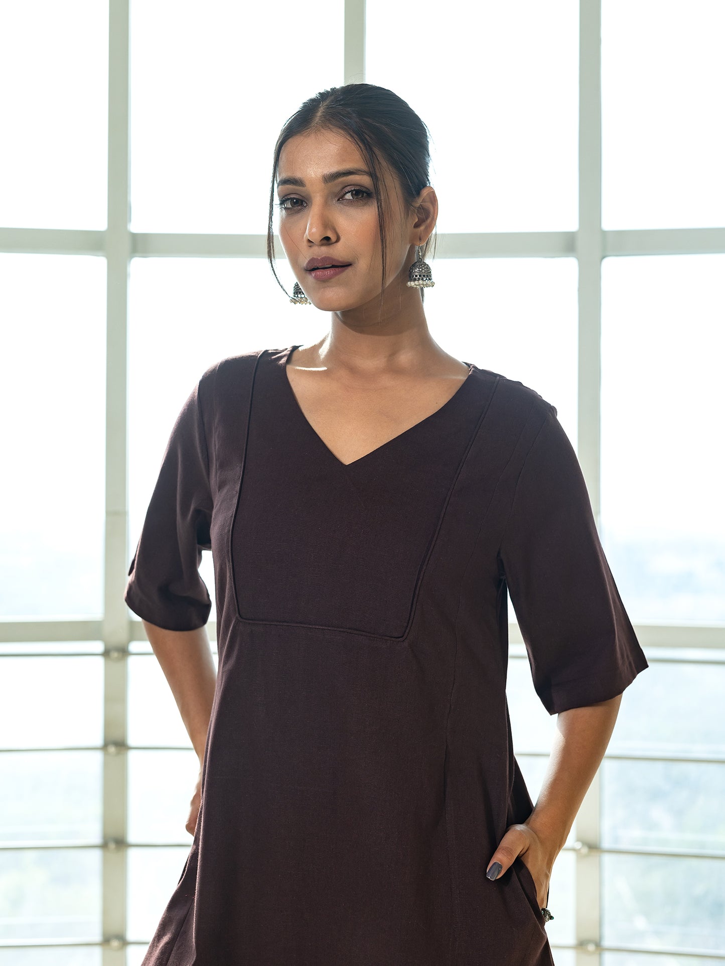 Brown cotton linen a line kurta co-ord set