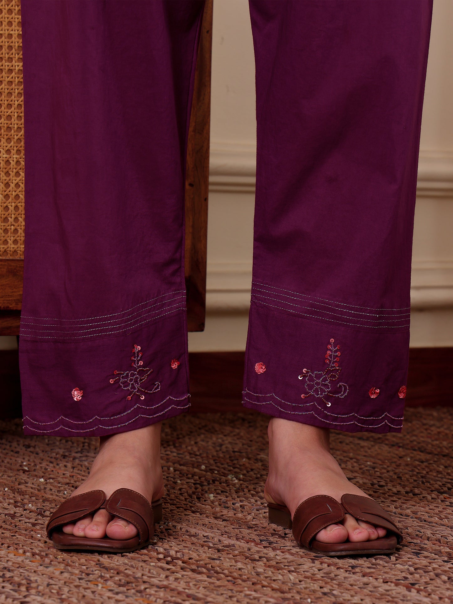 Purple mul chanderi bead work kurta set