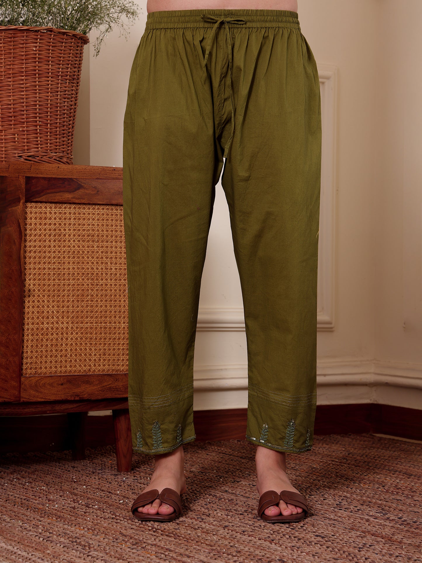 Mehndi green Zardozi Cotton Pants