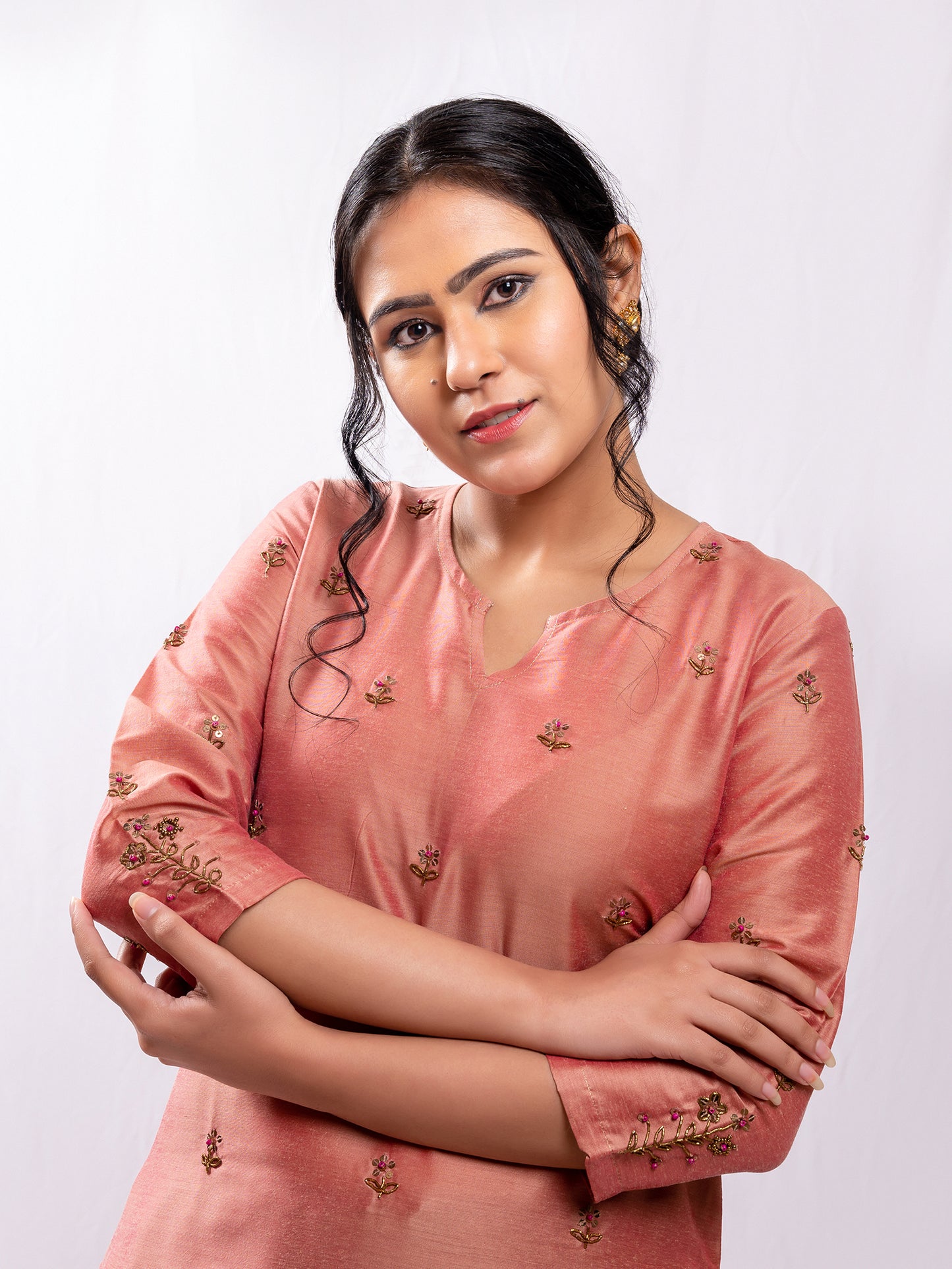Old rose cotton silk aari hand embroidery kurta set