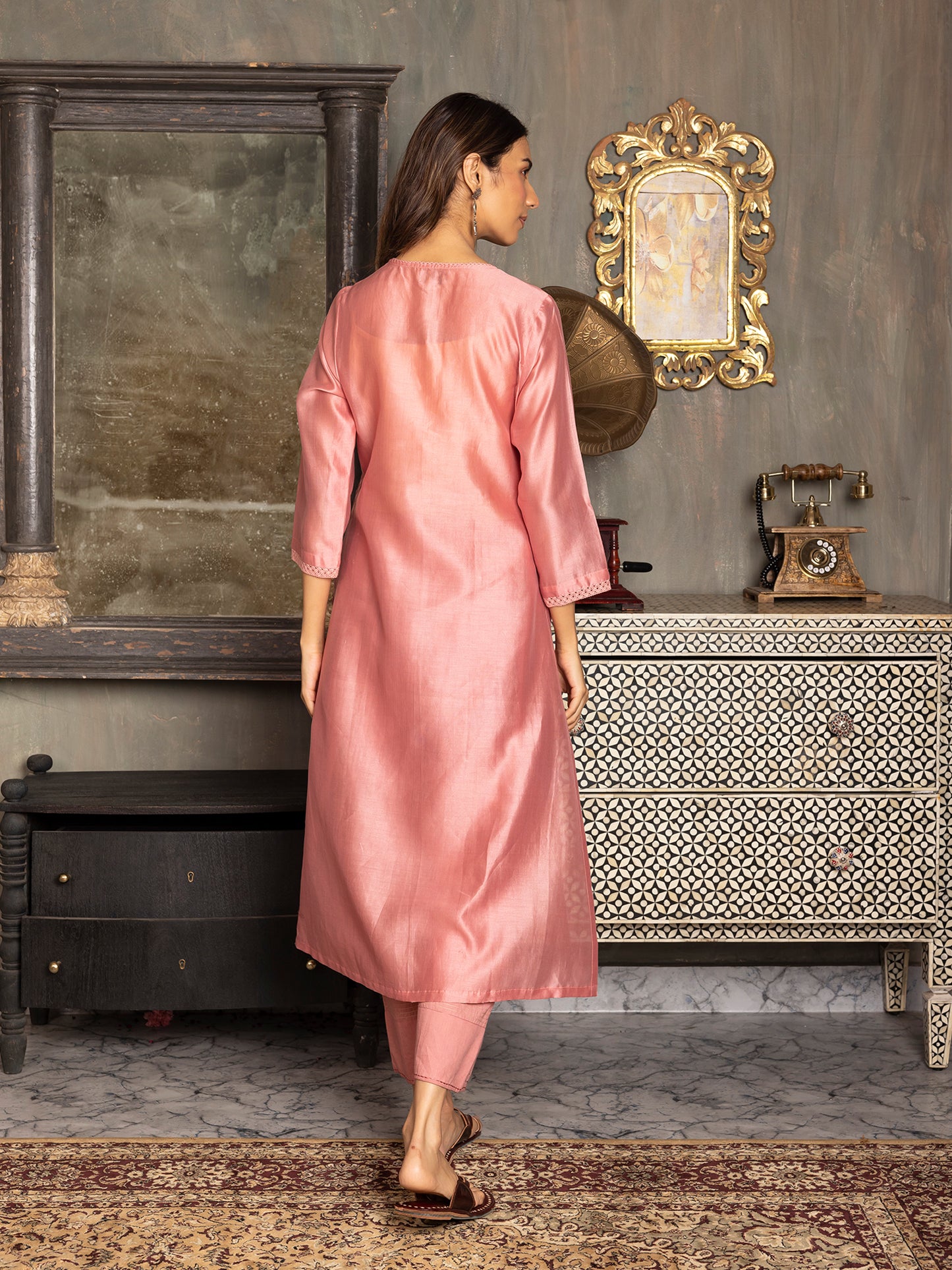 onion pink silk chanderi thread and fabric cutwork work kurta set