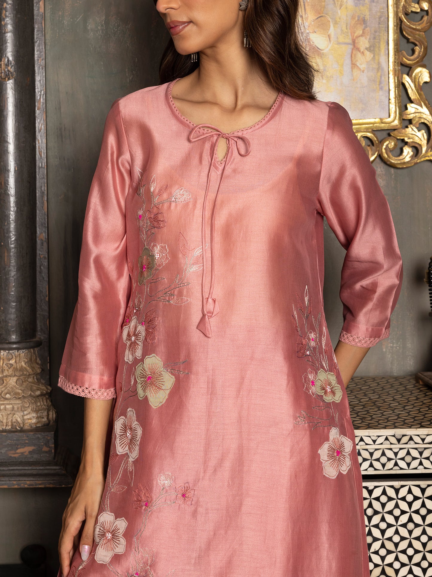 onion pink silk chanderi thread and fabric cutwork work kurta set