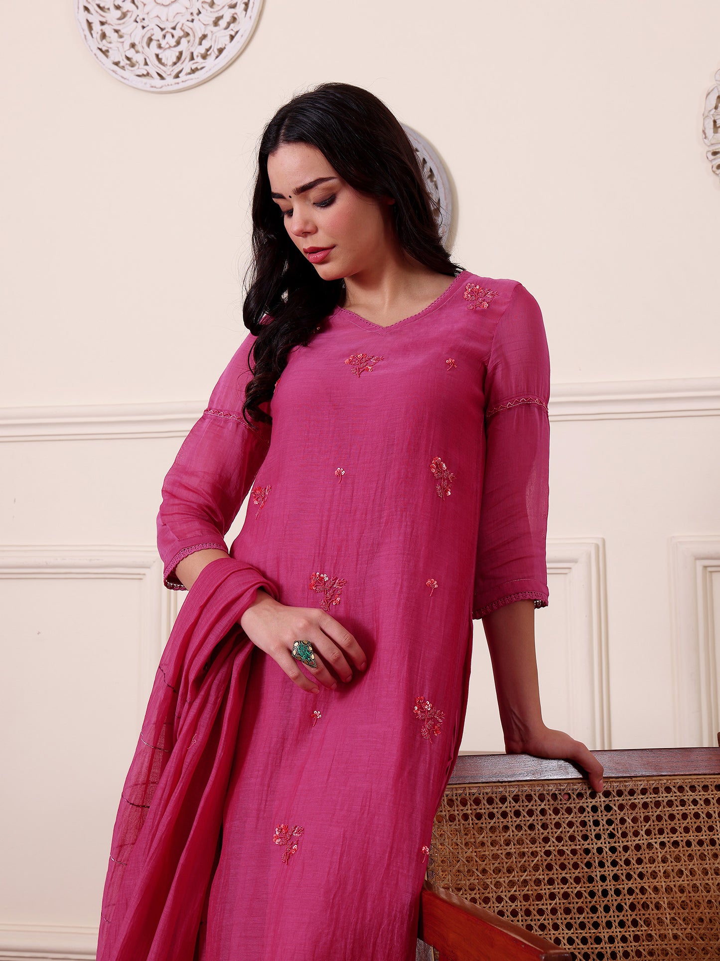 Rani pink mul Chanderi bead work Kurta