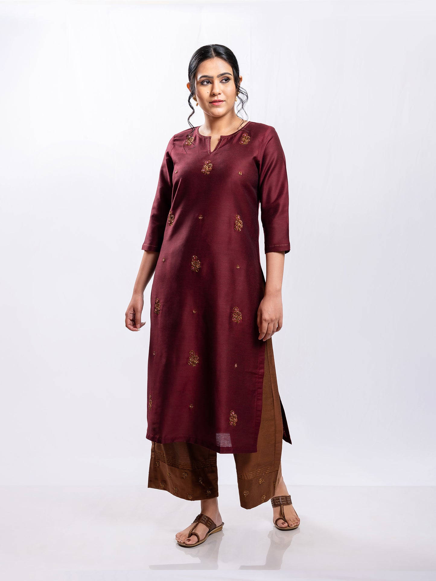 Wine cotton silk aari hand embroidery kurta set