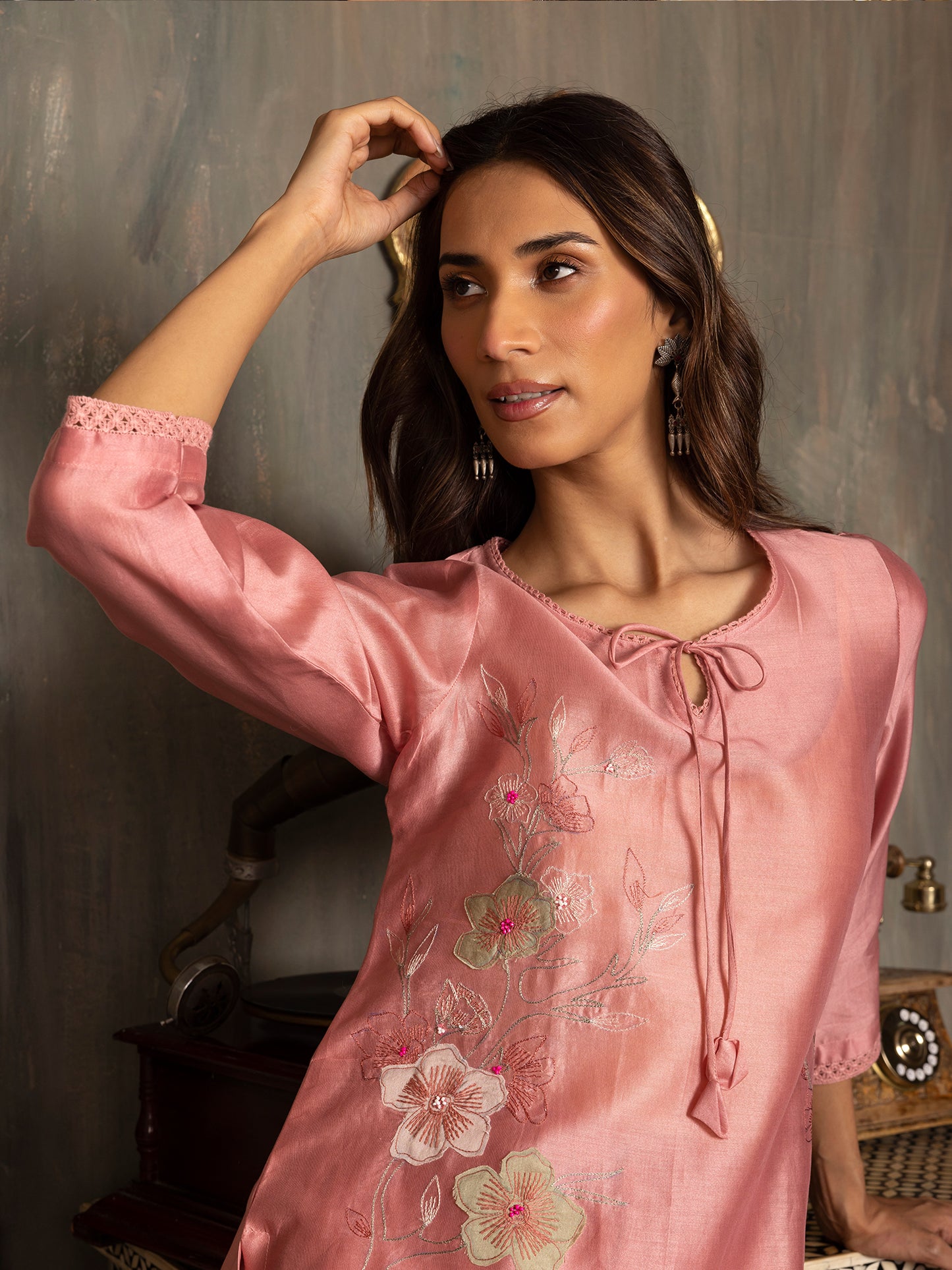 onion pink silk chanderi thread and fabric cutwork work kurta set