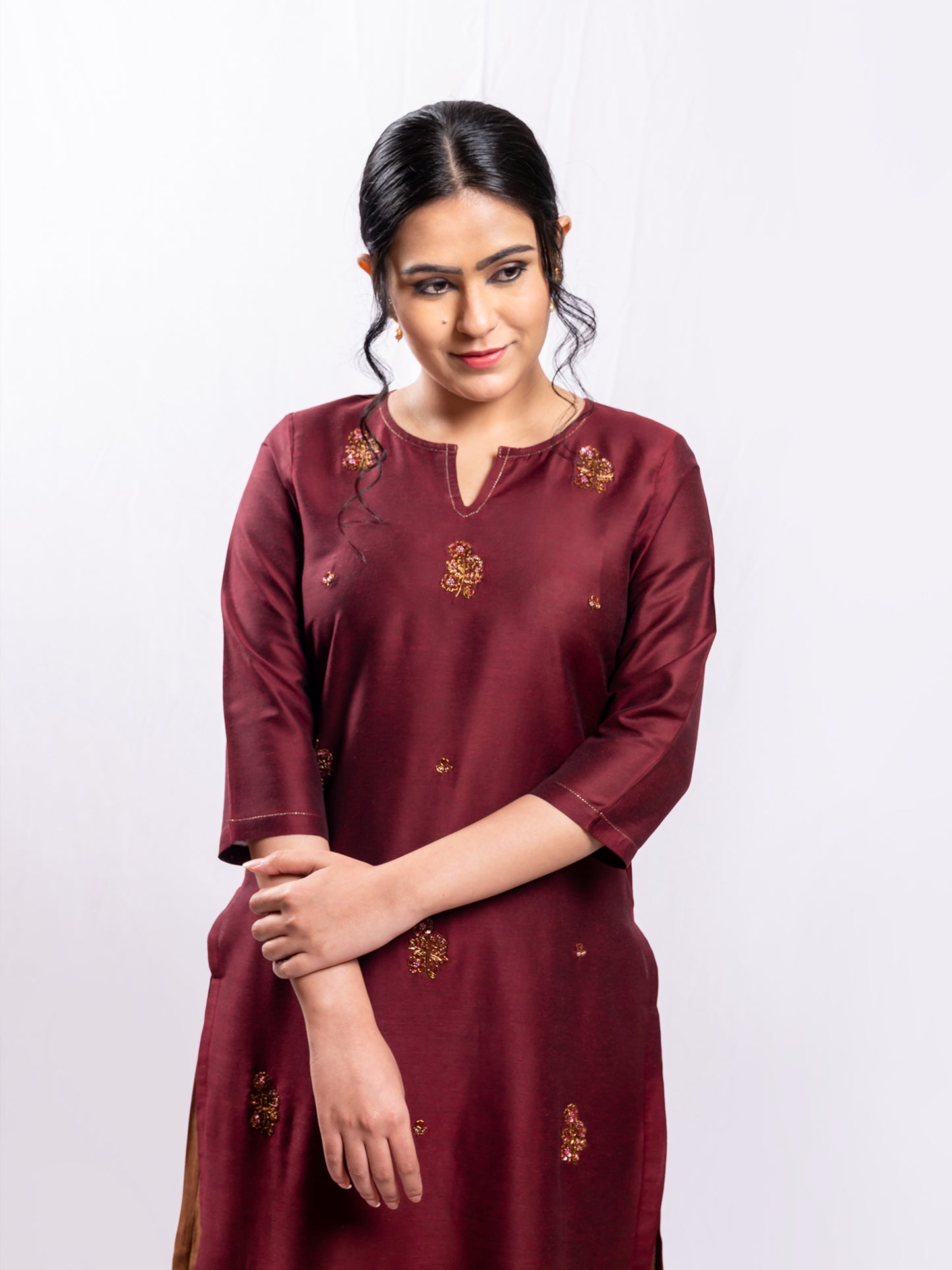 Wine cotton silk aari hand embroidery kurta set