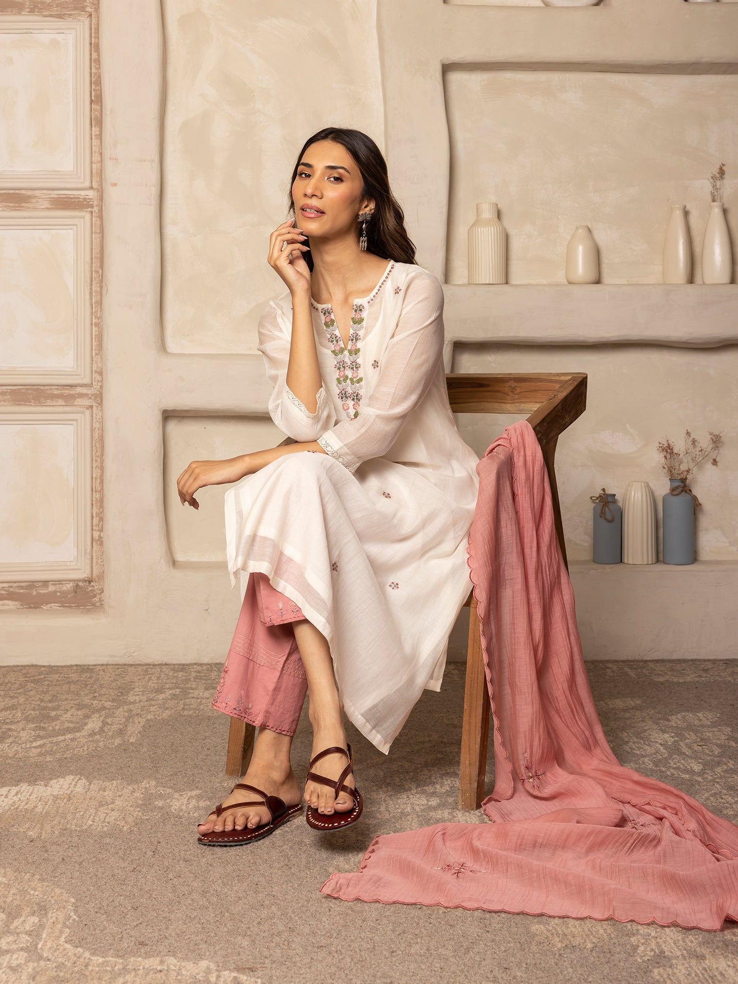 off white mul chanderi thread with crochet hand embroidery kurta set