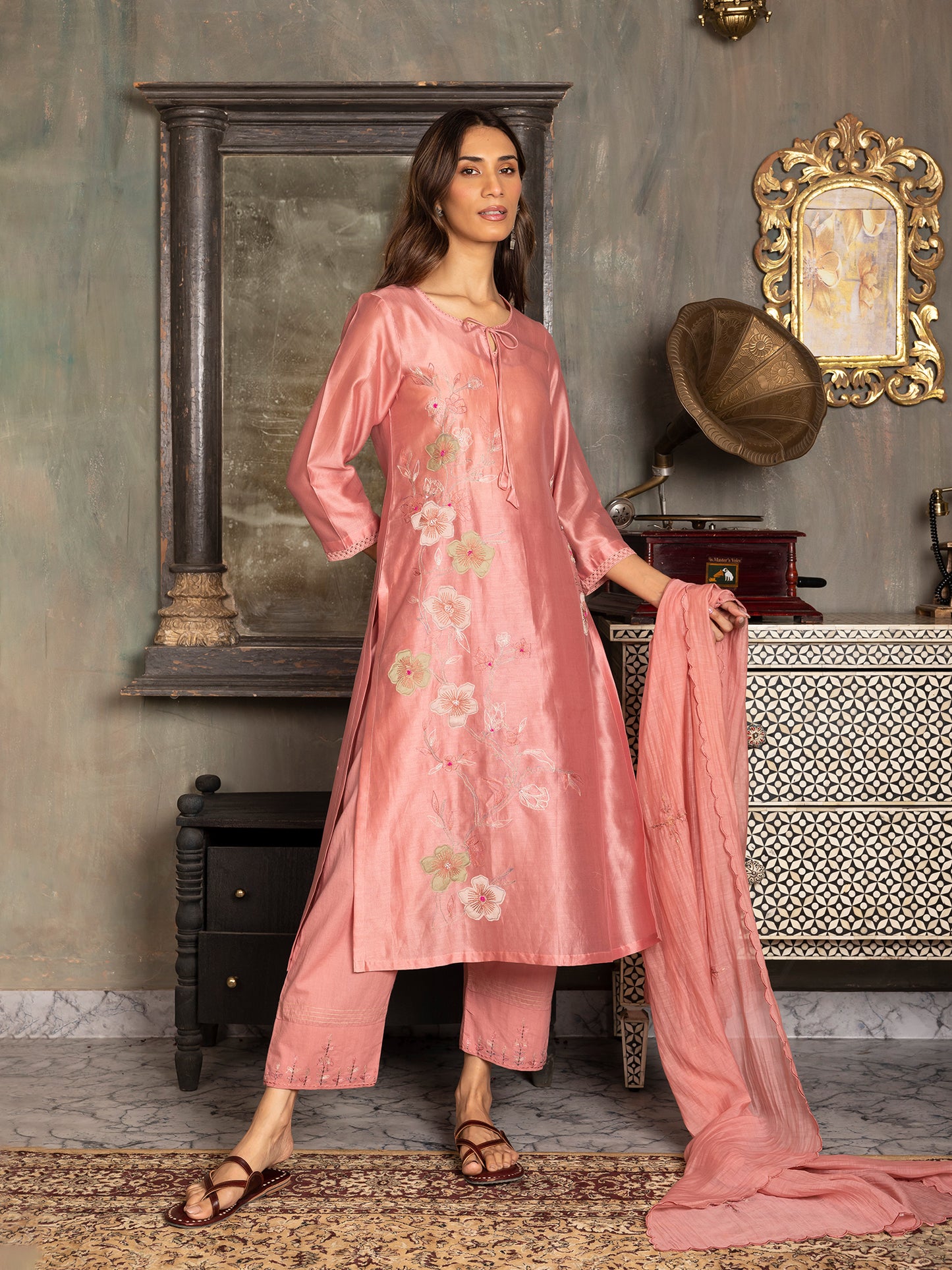 onion pink silk chanderi thread and fabric cutwork work kurta set