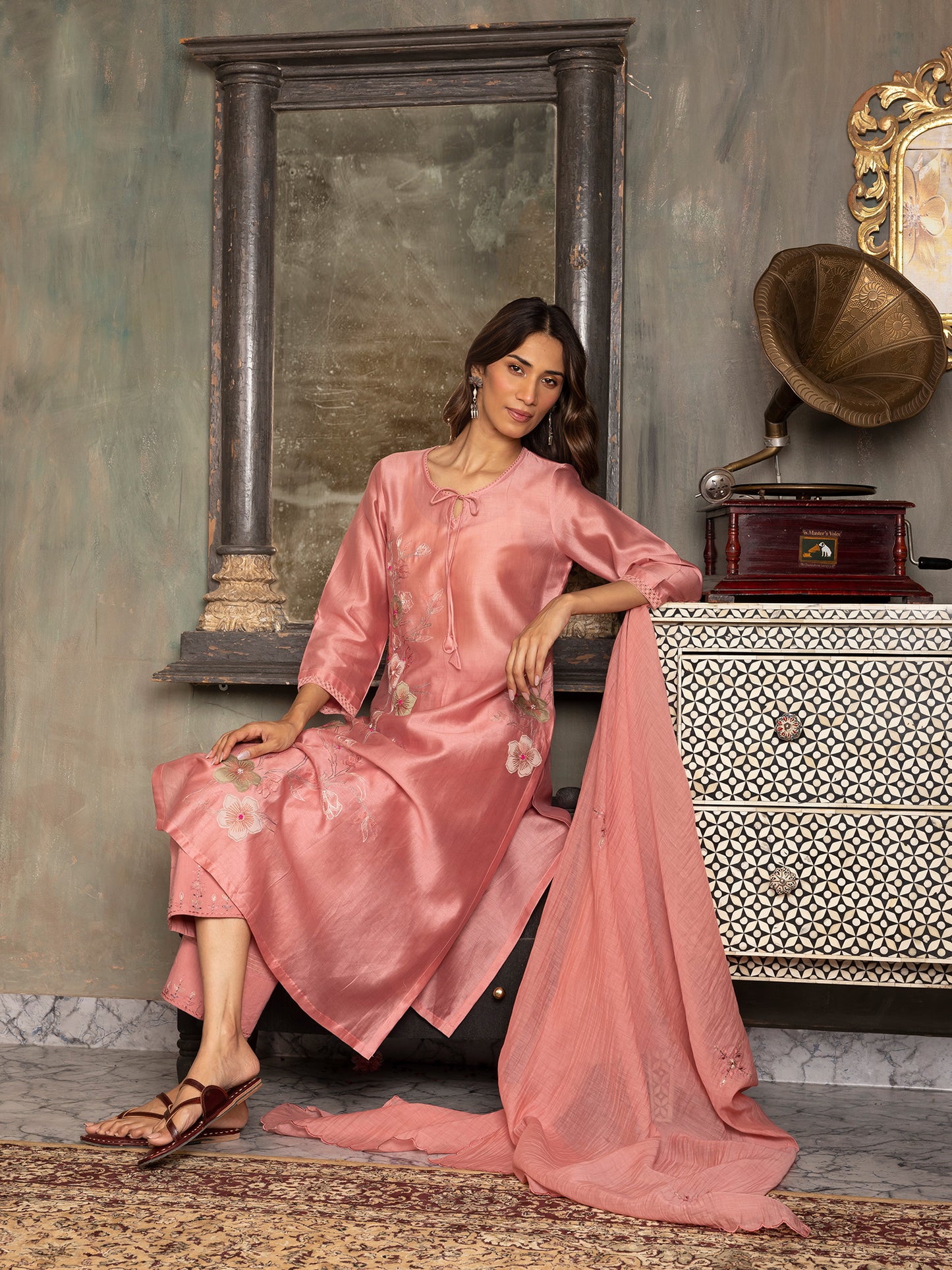 onion pink silk chanderi thread and fabric cutwork work kurta set