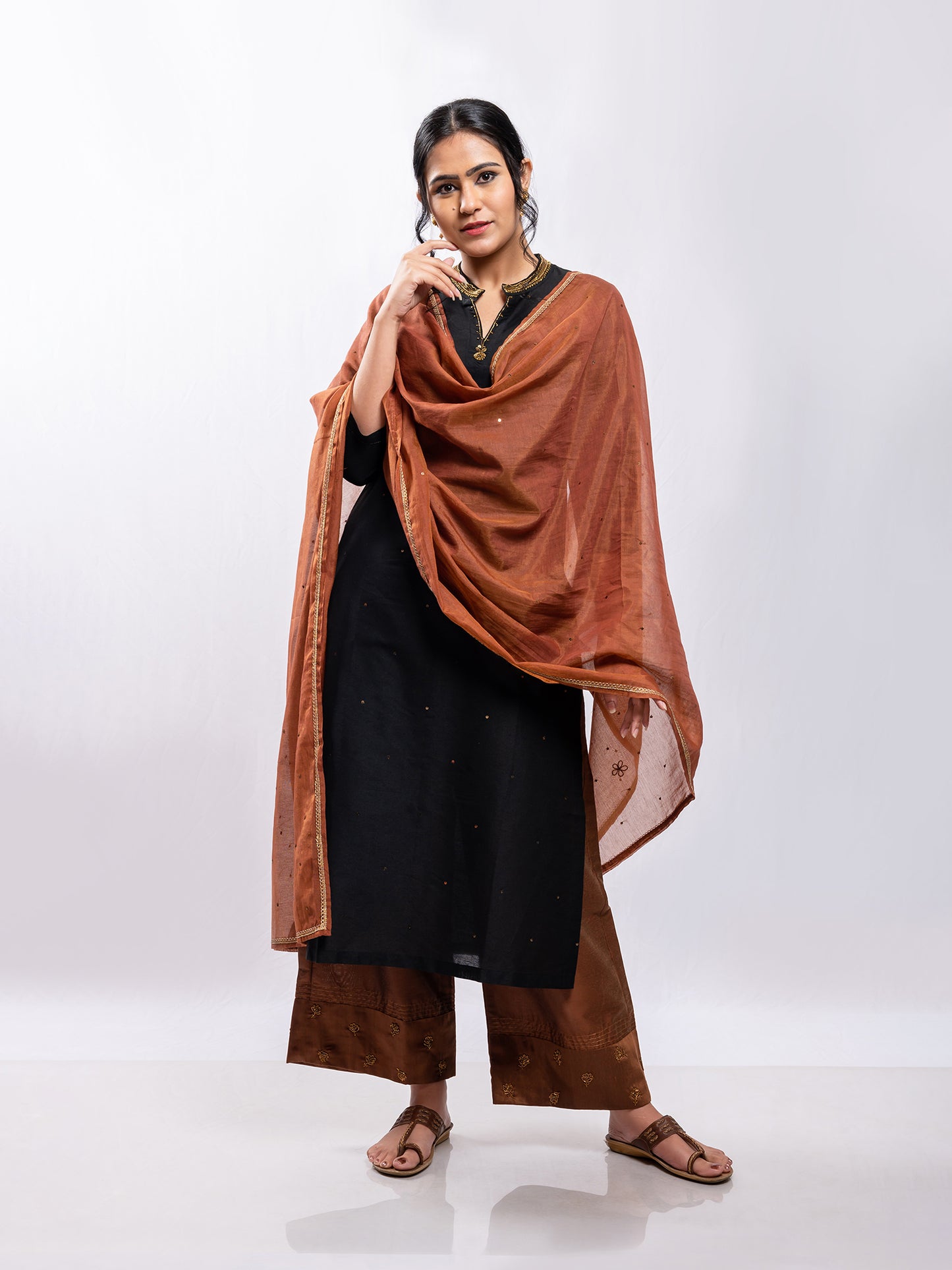Black cotton silk aari hand embroidery kurta