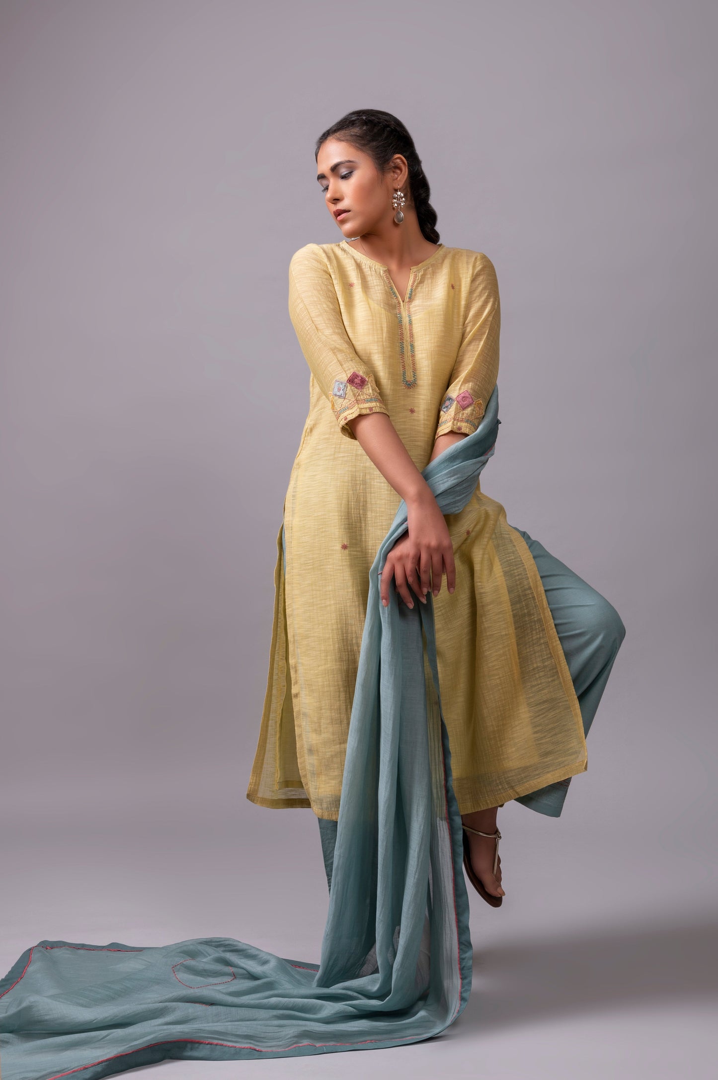 Lemon Green Khadi Chanderi Kurta Set