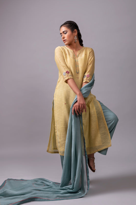 Lemon Green Khadi Chanderi Kurta Set