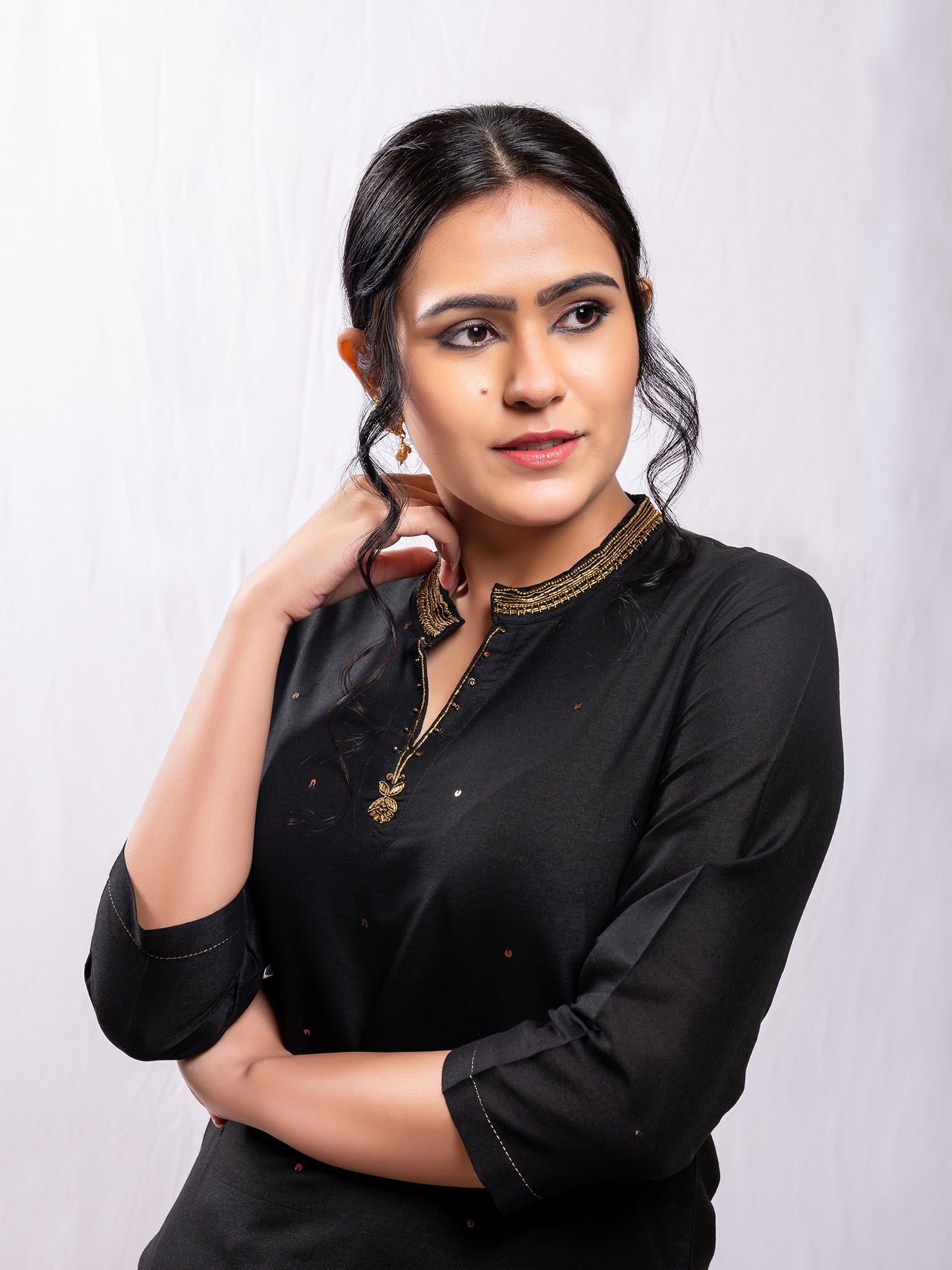 Black cotton silk aari hand embroidery kurta