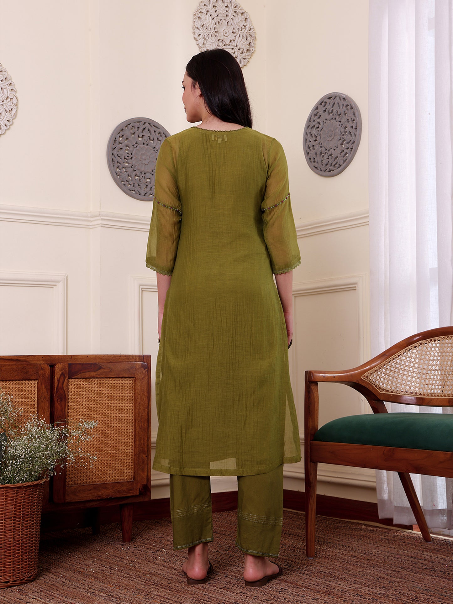 Mehndi green mul chanderi beadwork kurta set