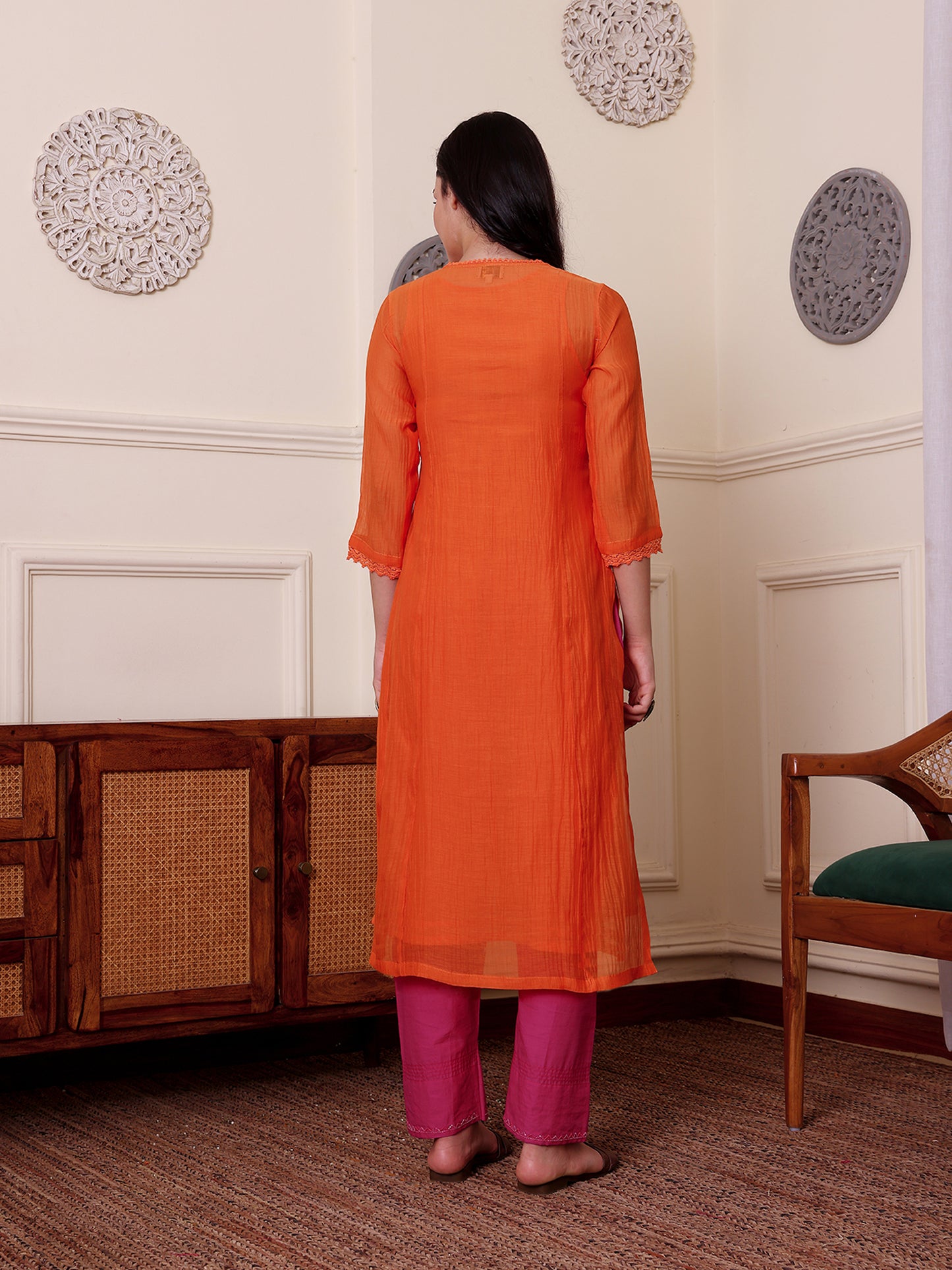 Orange mul chanderi beadwork kurta