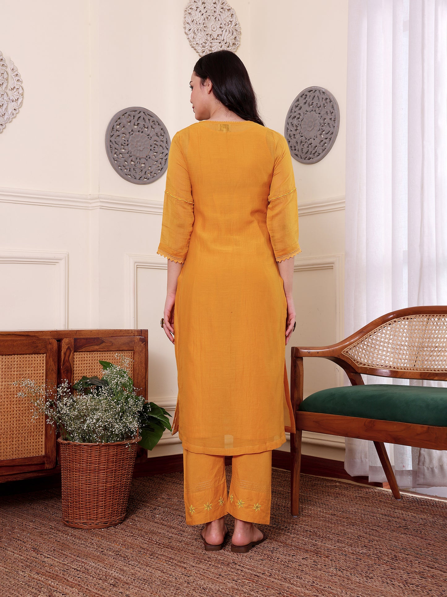 Yellow mul chanderi bead work kurta set