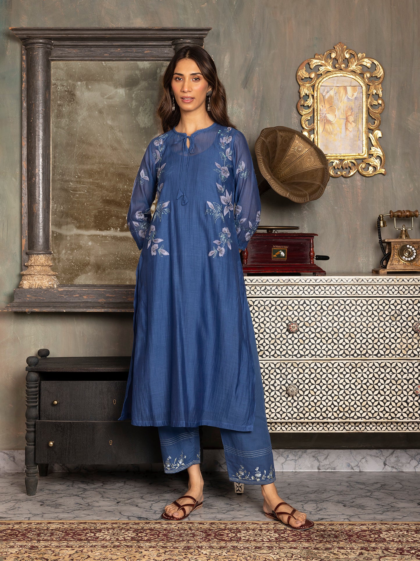 Navy blue mul chanderi thread and fabric cutwork kurta set