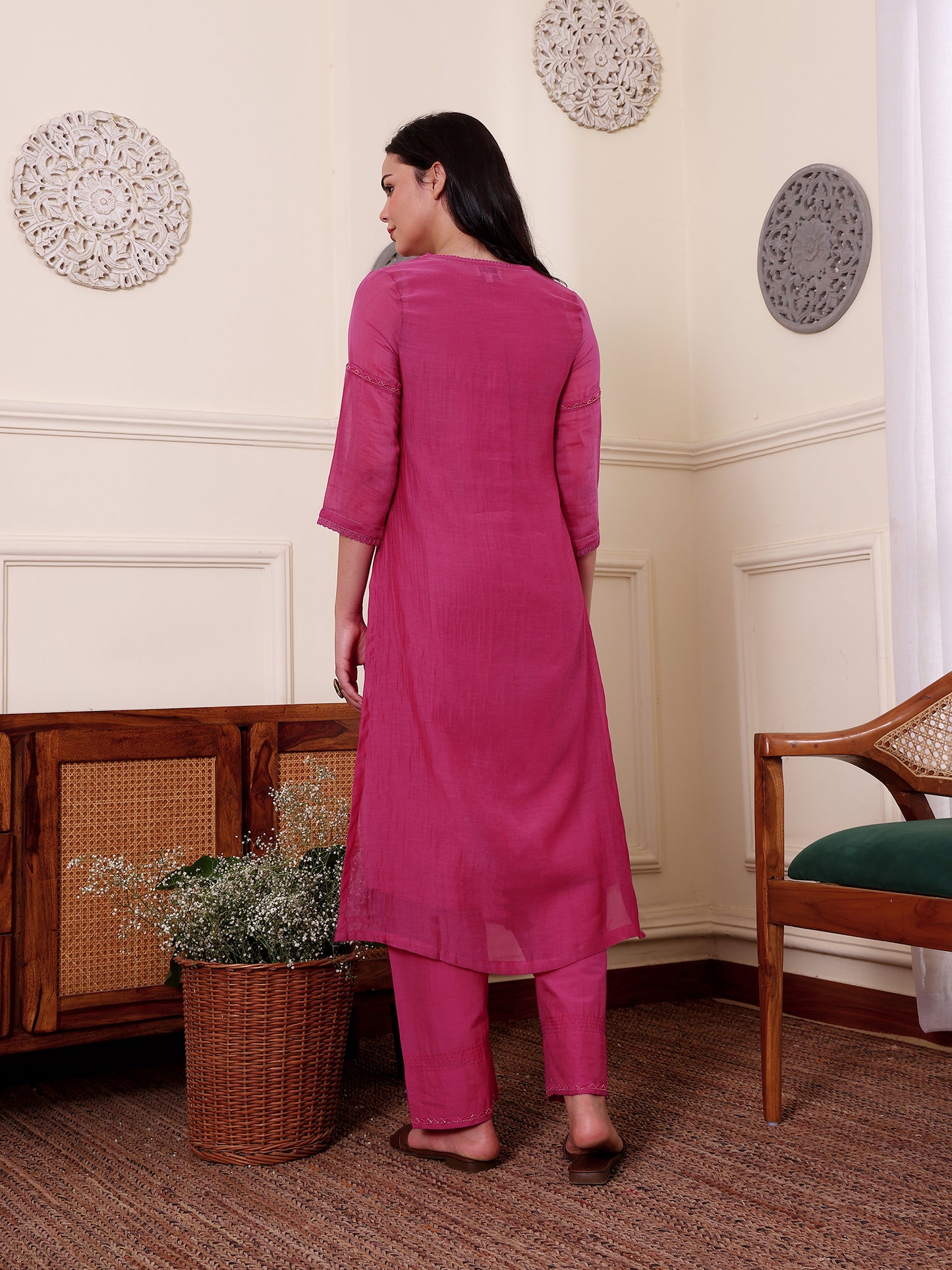 Rani pink mul Chanderi bead work Kurta