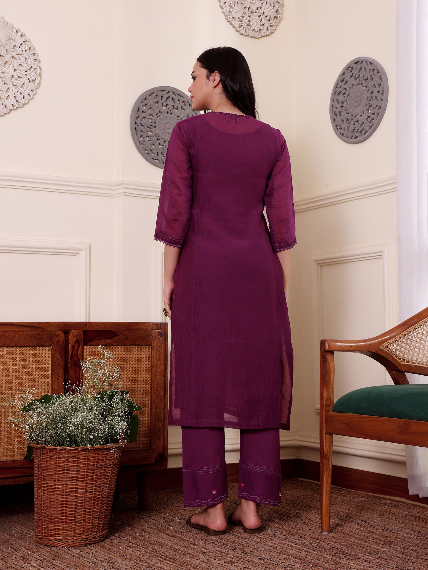 Purple mul chanderi bead work kurta set