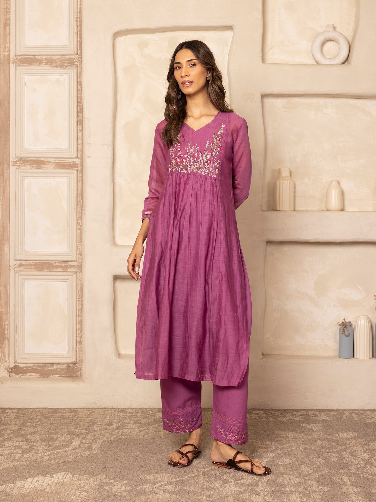 Purple mul chanderi thread with crochet hand embroidery kurta set