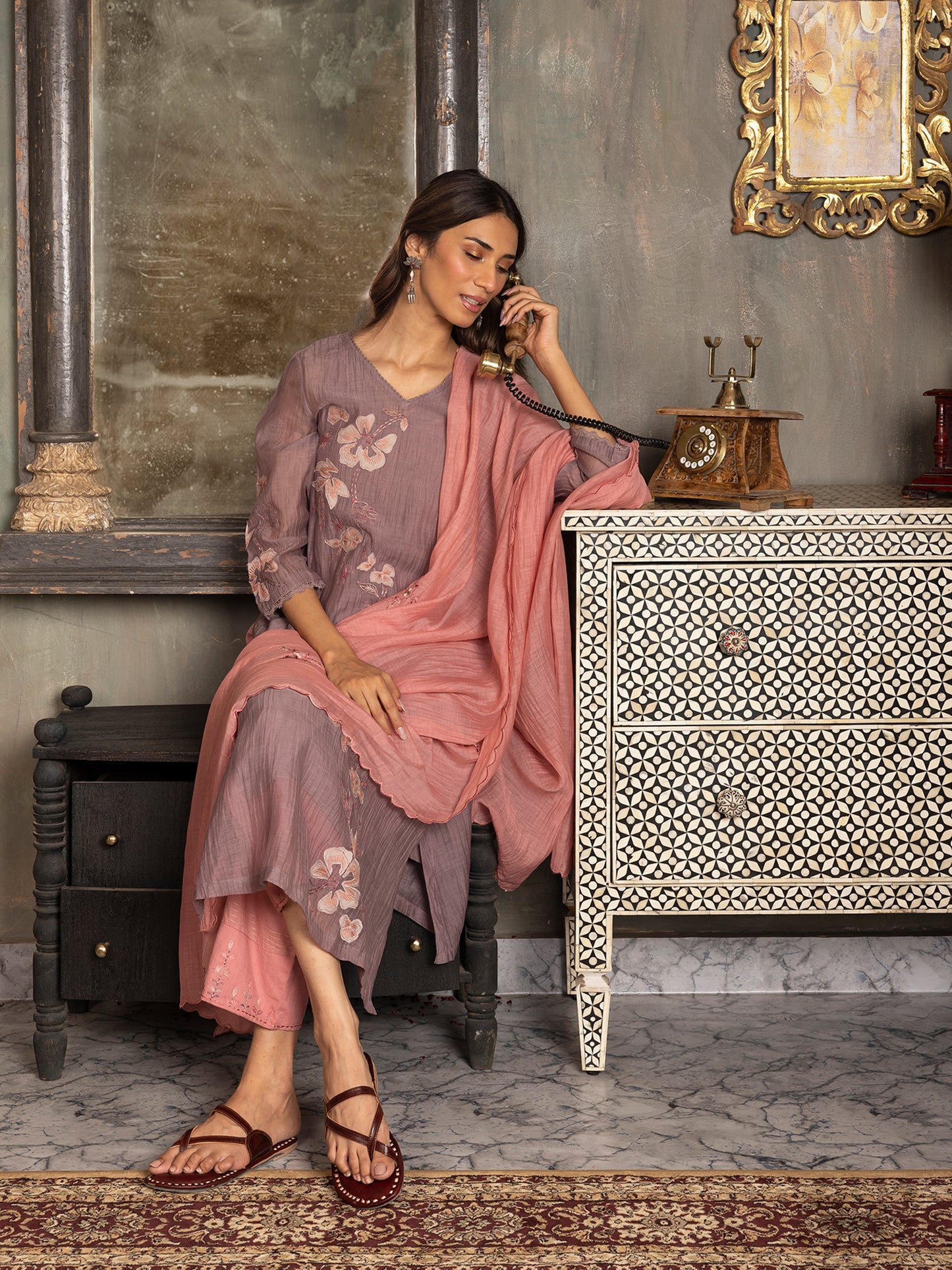 Mauve mul chanderi thread and fabric cutwork kurta set