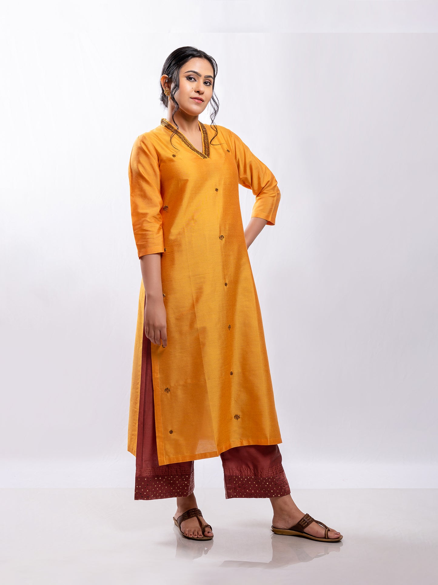Yellow cotton silk aari hand embroidery kurta set