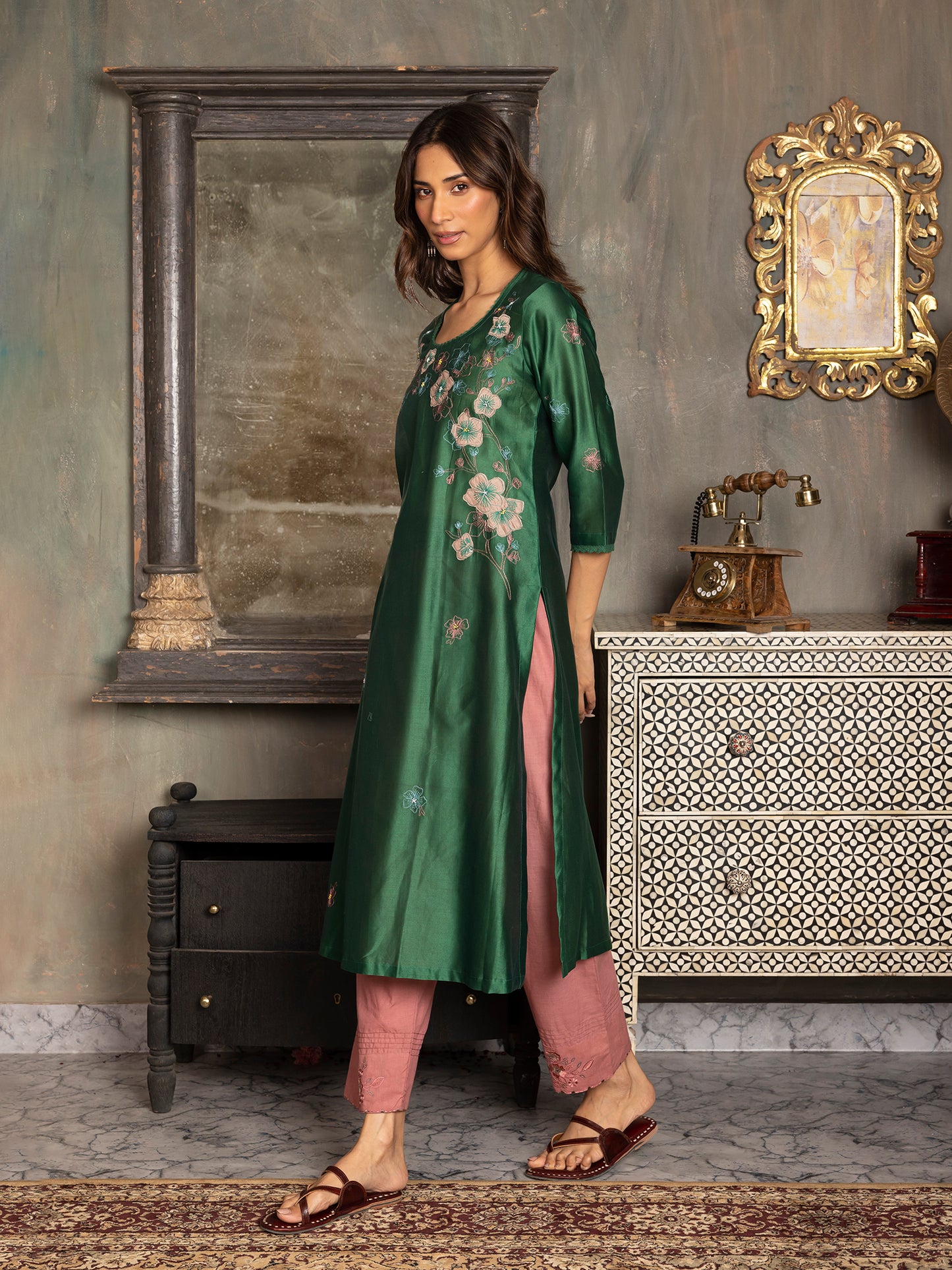 Bottle green silk chanderi thread and fabric cutwork work kurta set