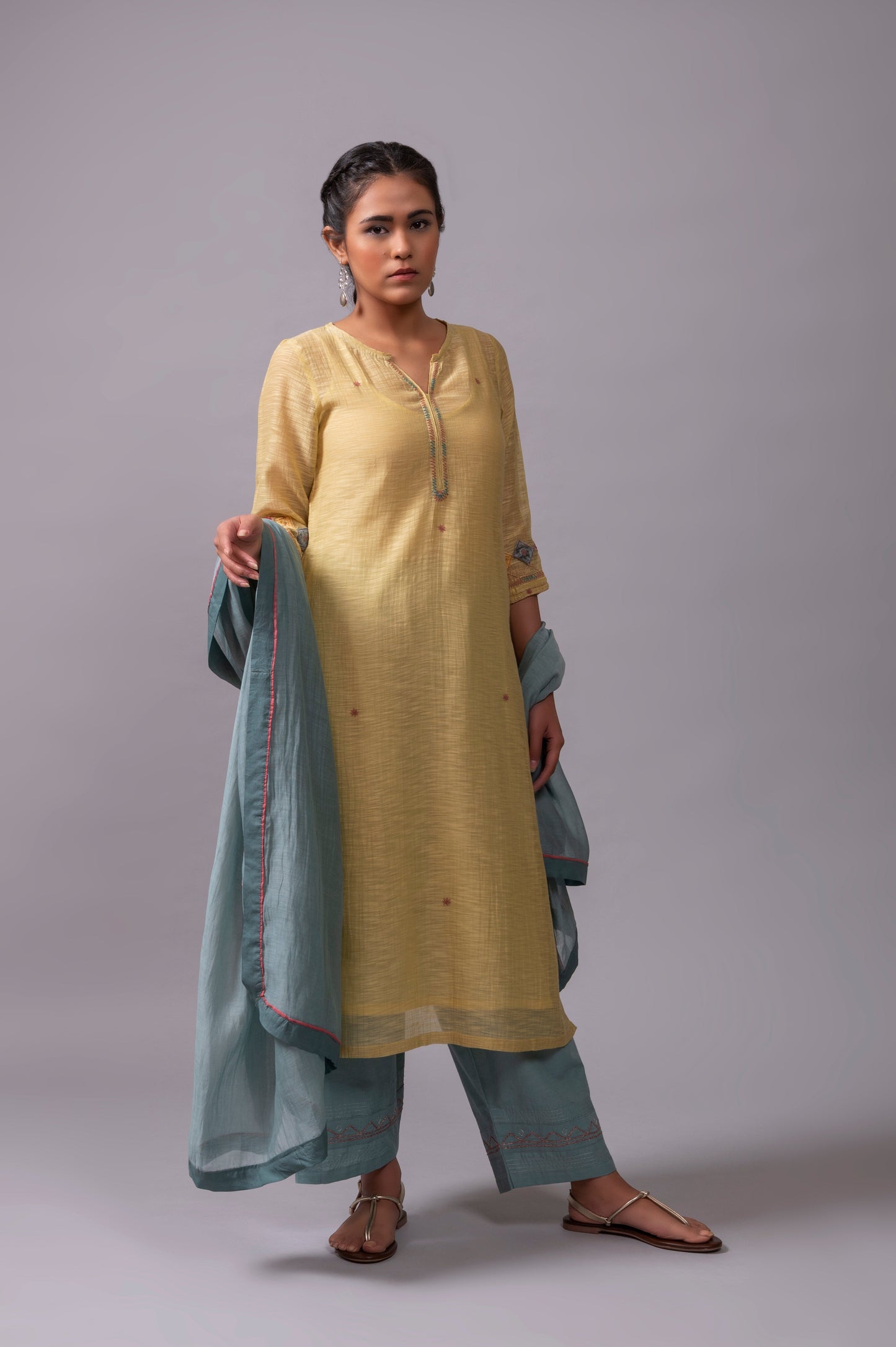 Lemon Green Khadi Chanderi Kurta Set