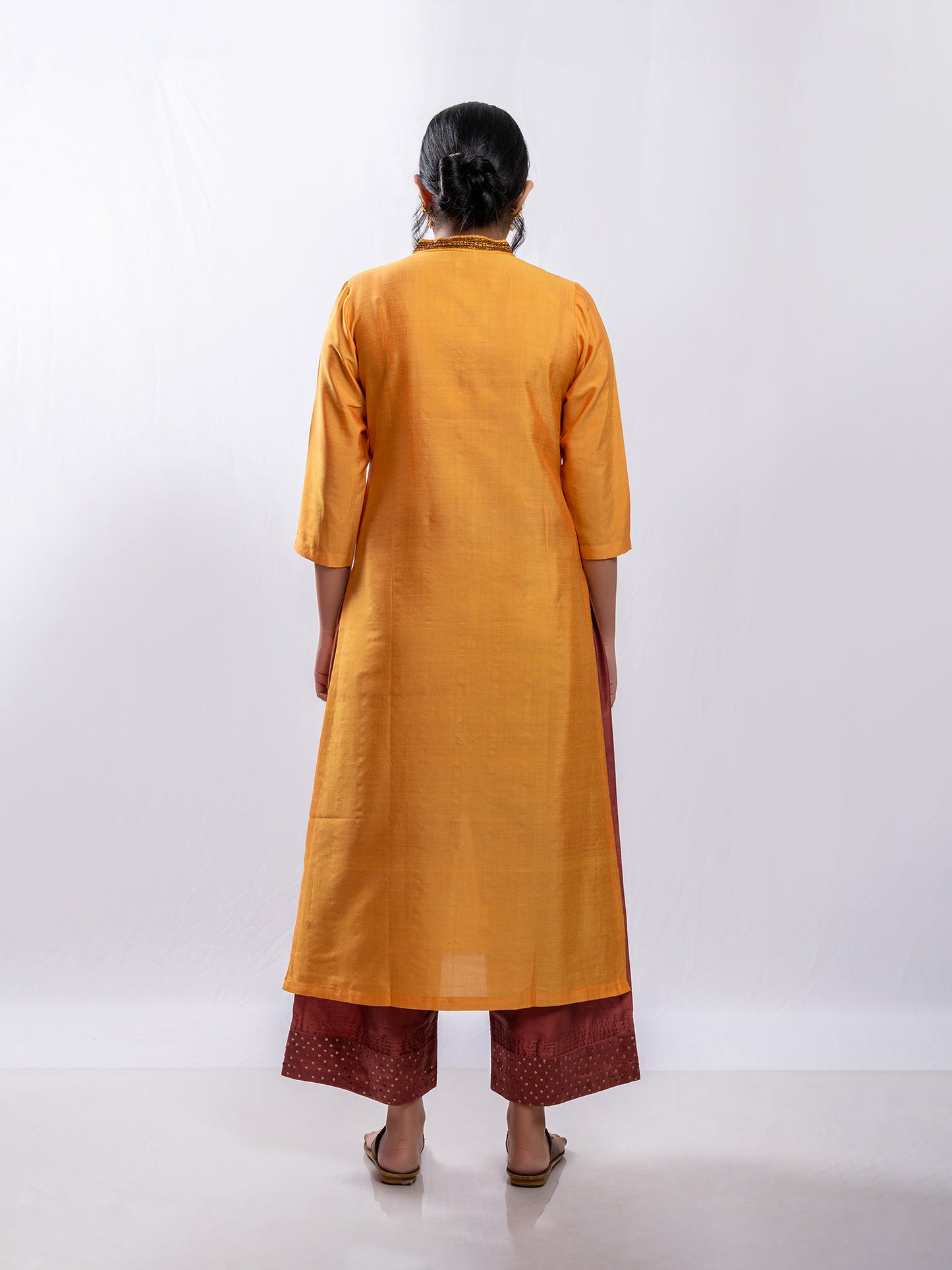 Yellow cotton silk aari hand embroidery kurta set
