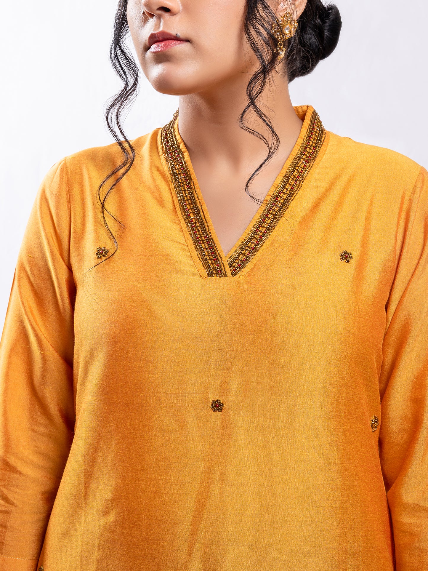 Yellow cotton silk aari hand embroidery kurta set