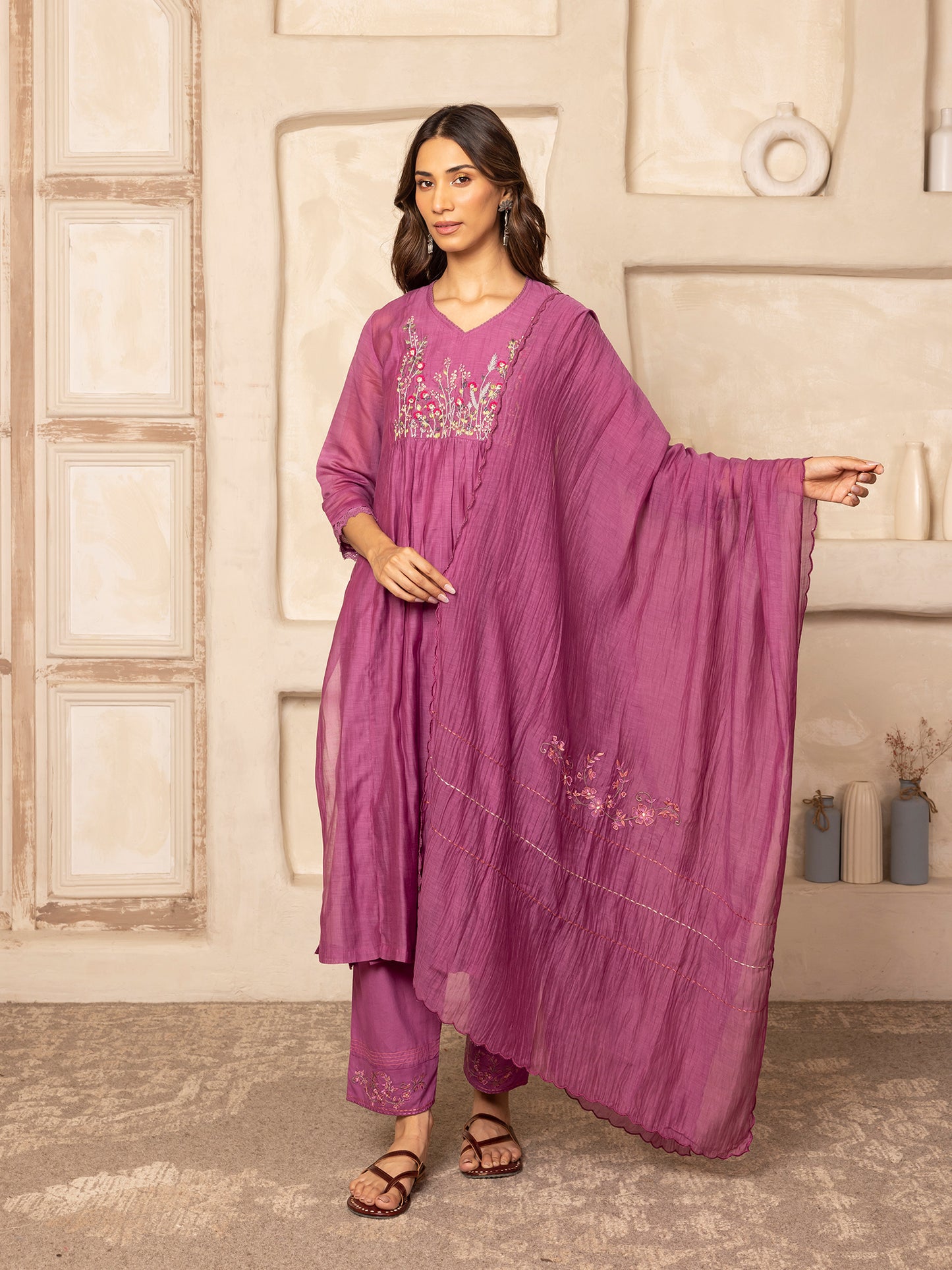 Purple mul chanderi thread with crochet hand embroidery kurta set