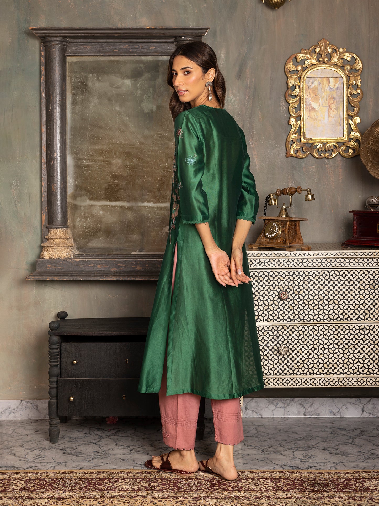 Bottle green silk chanderi thread and fabric cutwork work kurta set