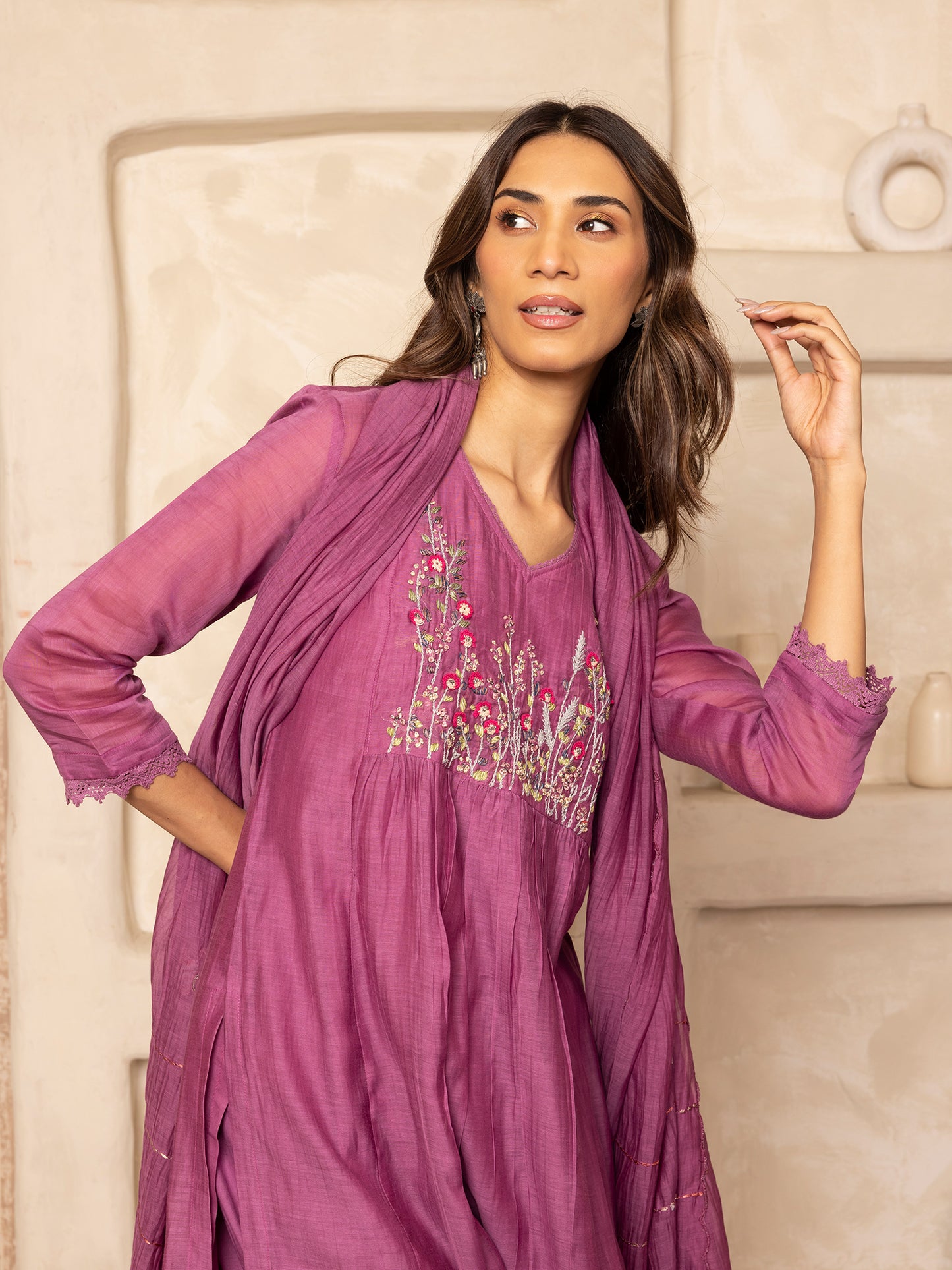 Purple mul chanderi thread with crochet hand embroidery kurta set