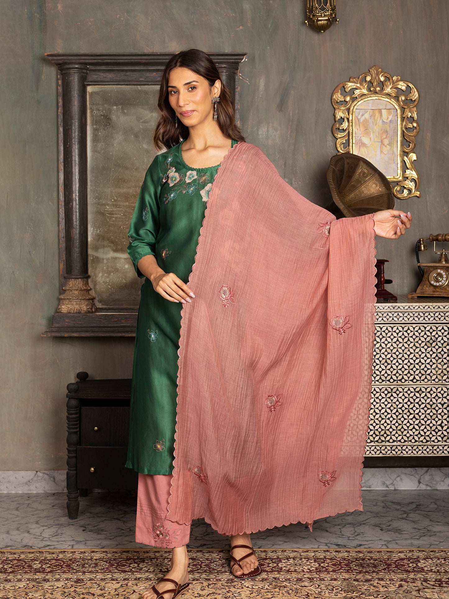 Bottle green silk chanderi thread and fabric cutwork work kurta set