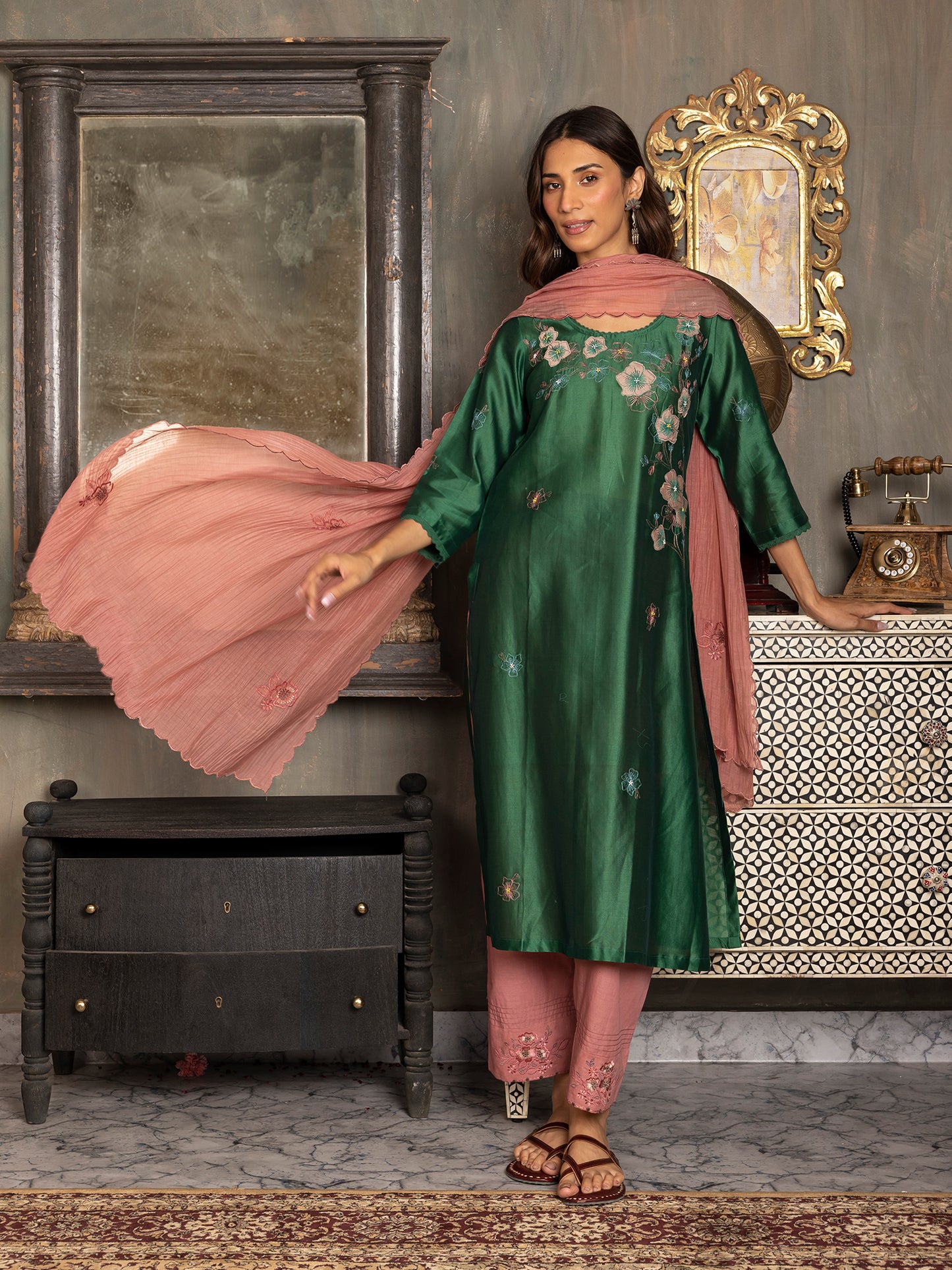Bottle green silk chanderi thread and fabric cutwork work kurta set