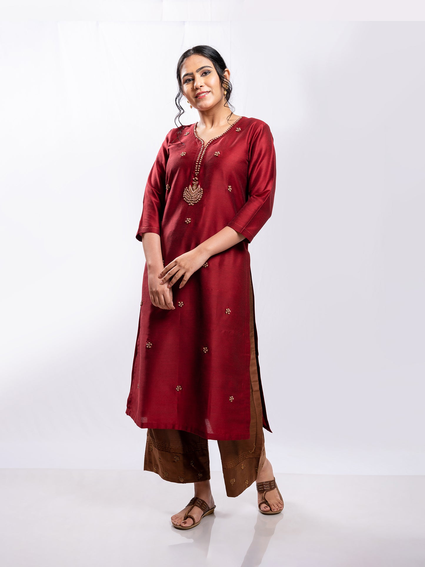 Red cotton silk aari hand embroidery kurta set