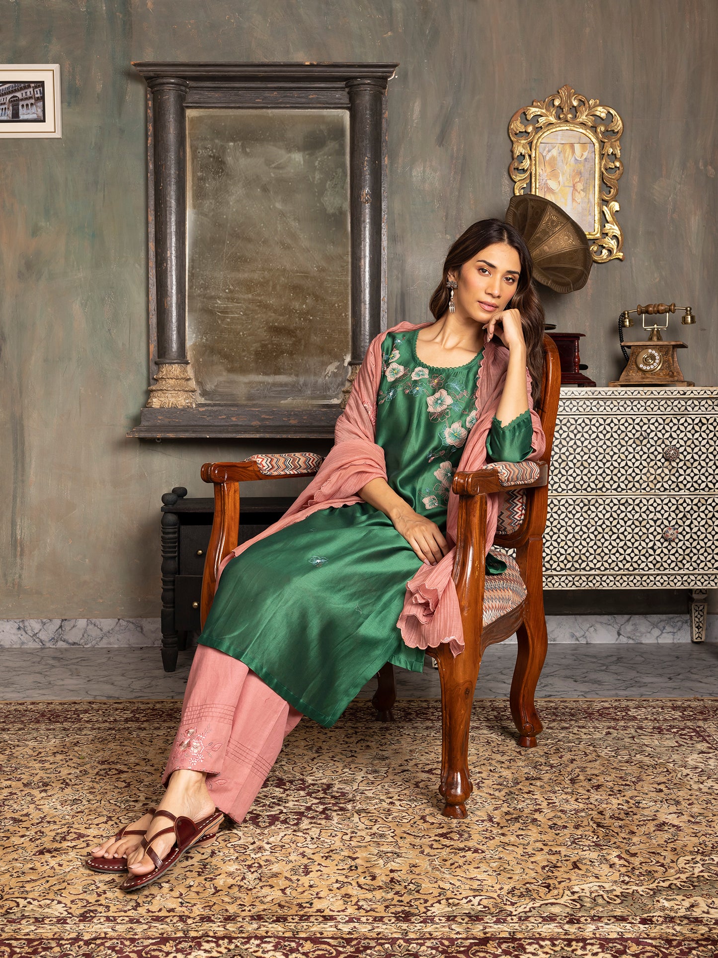 Bottle green silk chanderi thread and fabric cutwork work kurta set