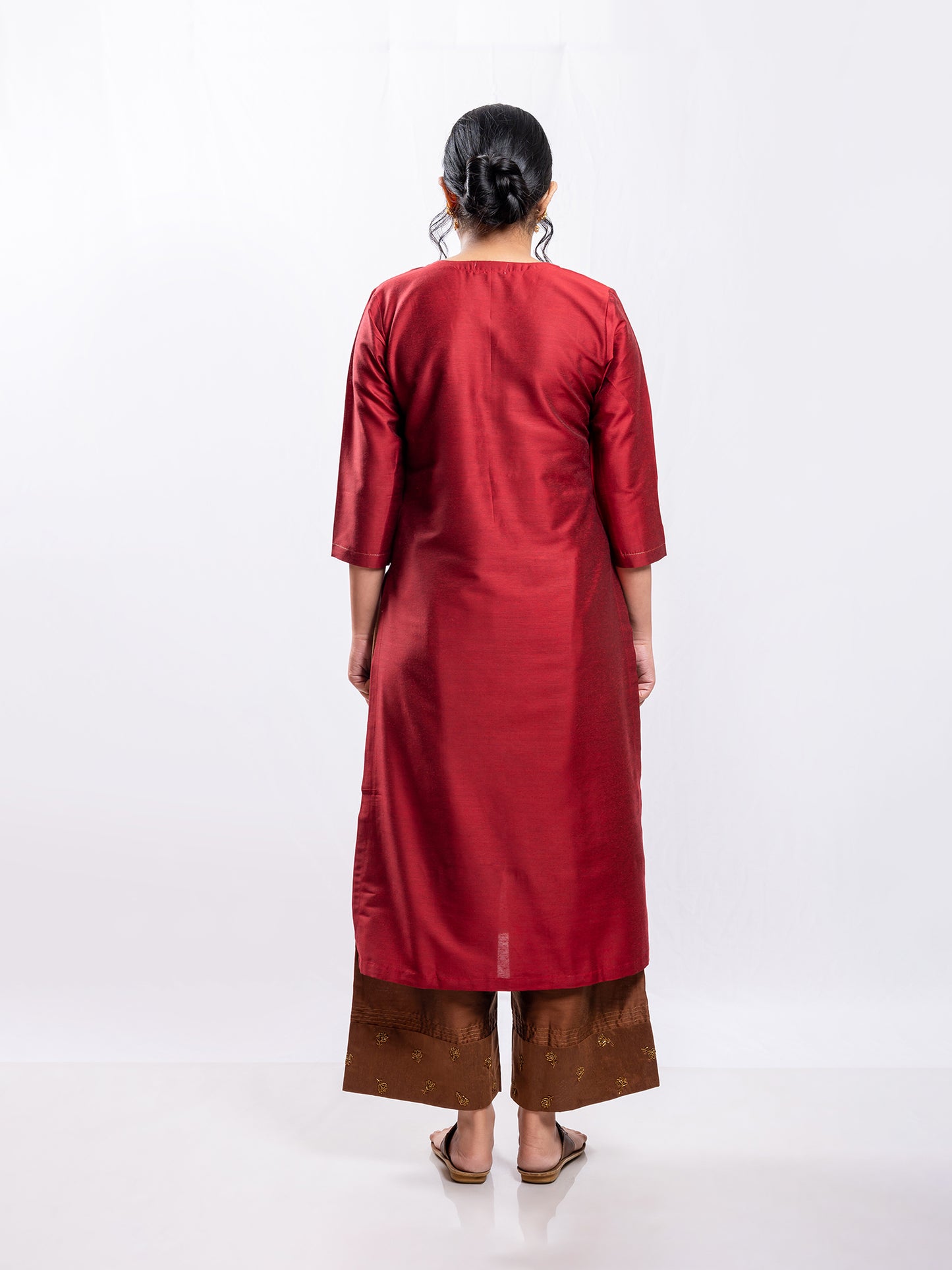 Red cotton silk aari hand embroidery kurta set